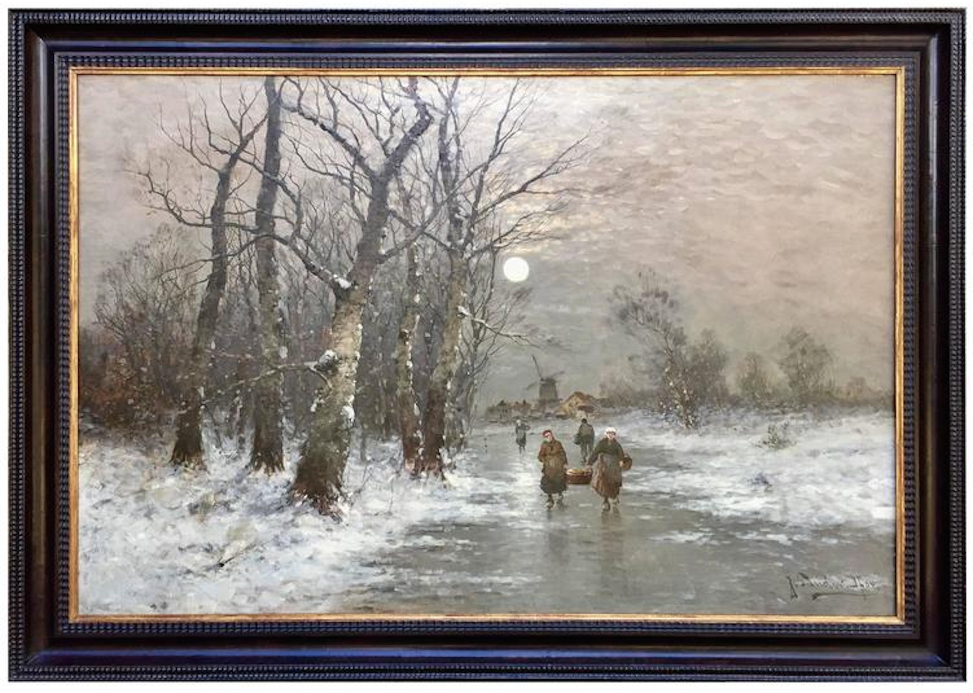 Johann Jungblut Landscape Painting - On the Frozen Canal