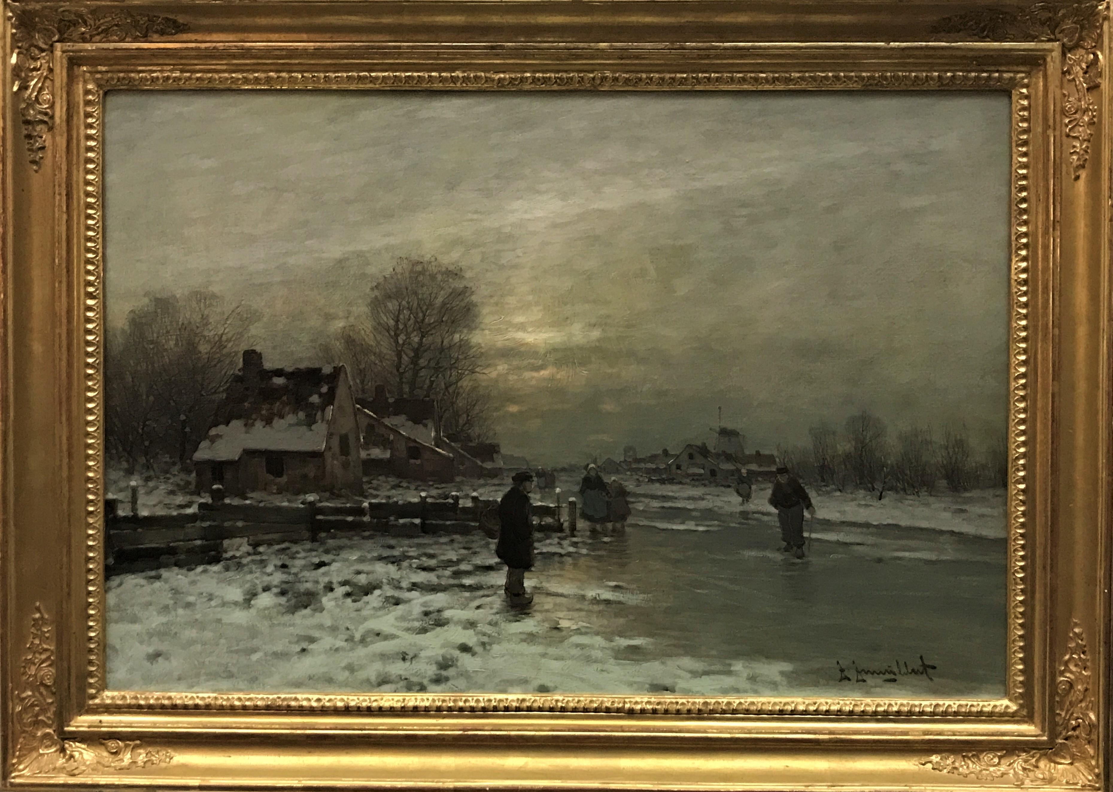 Winter Day, Dutch landscape, Figures, original oil on canvas, 19thC German  - Painting by Johann Jungblut
