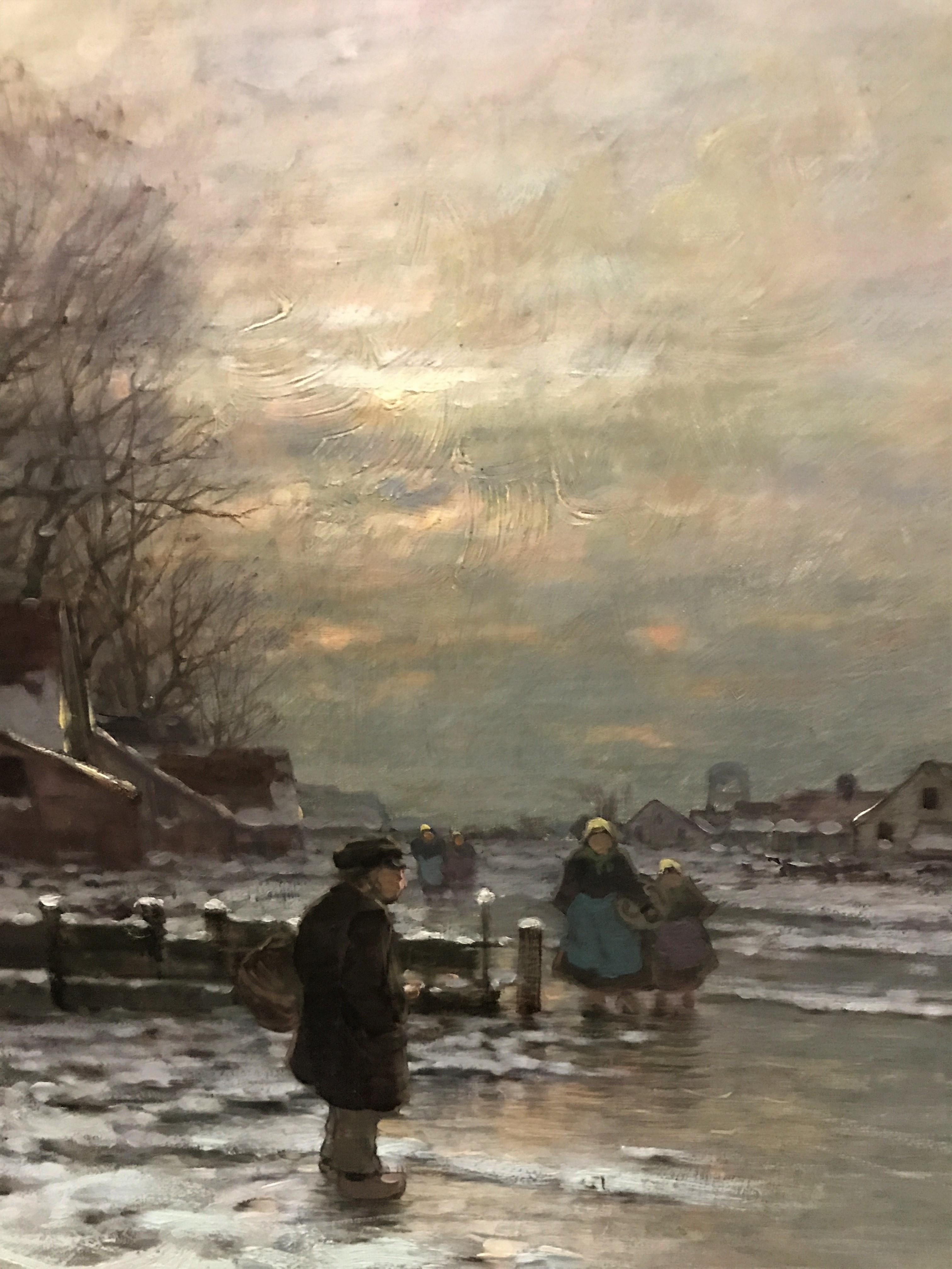 Giornata d'inverno, paesaggio olandese, figure, olio originale su tela, XIX secolo, Germania - Painting Realismo di Johann Jungblut