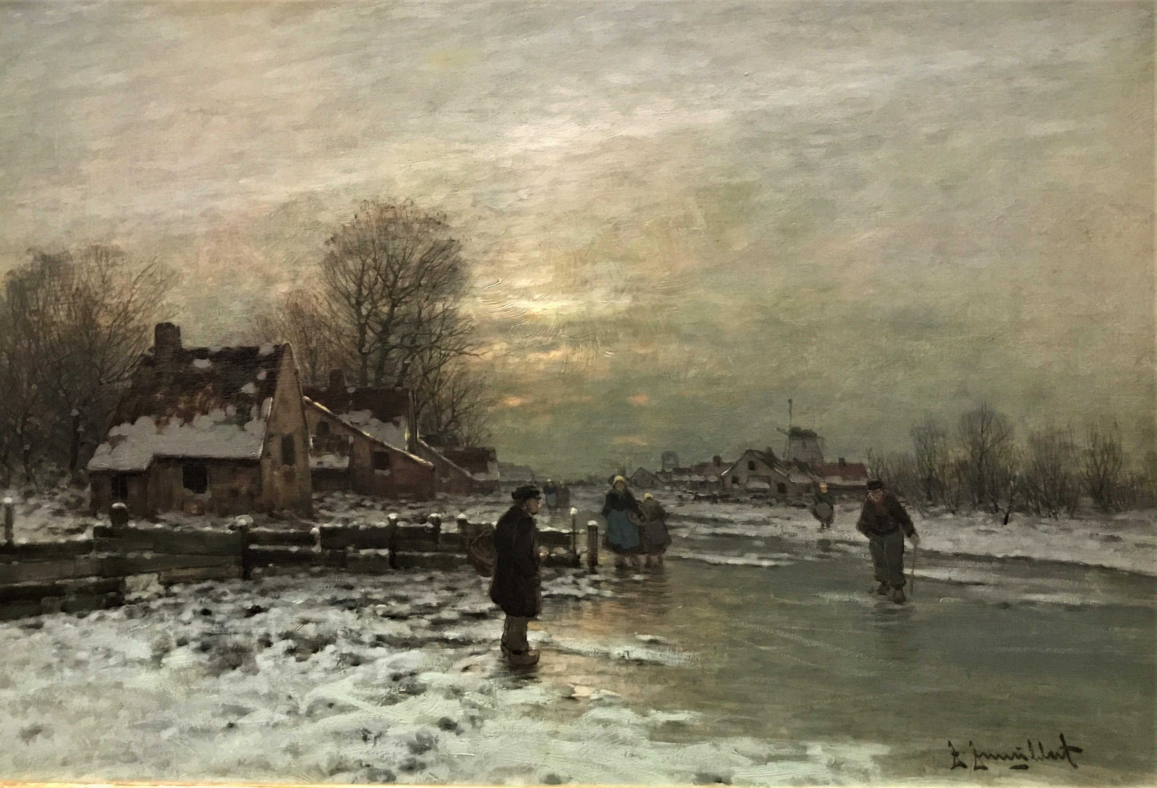 Winter Day, Dutch landscape, Figures, original oil on canvas, 19thC German 