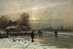 Antique Winter Day, Dutch landscape, Figures, original oil on canvas, 19thC German 