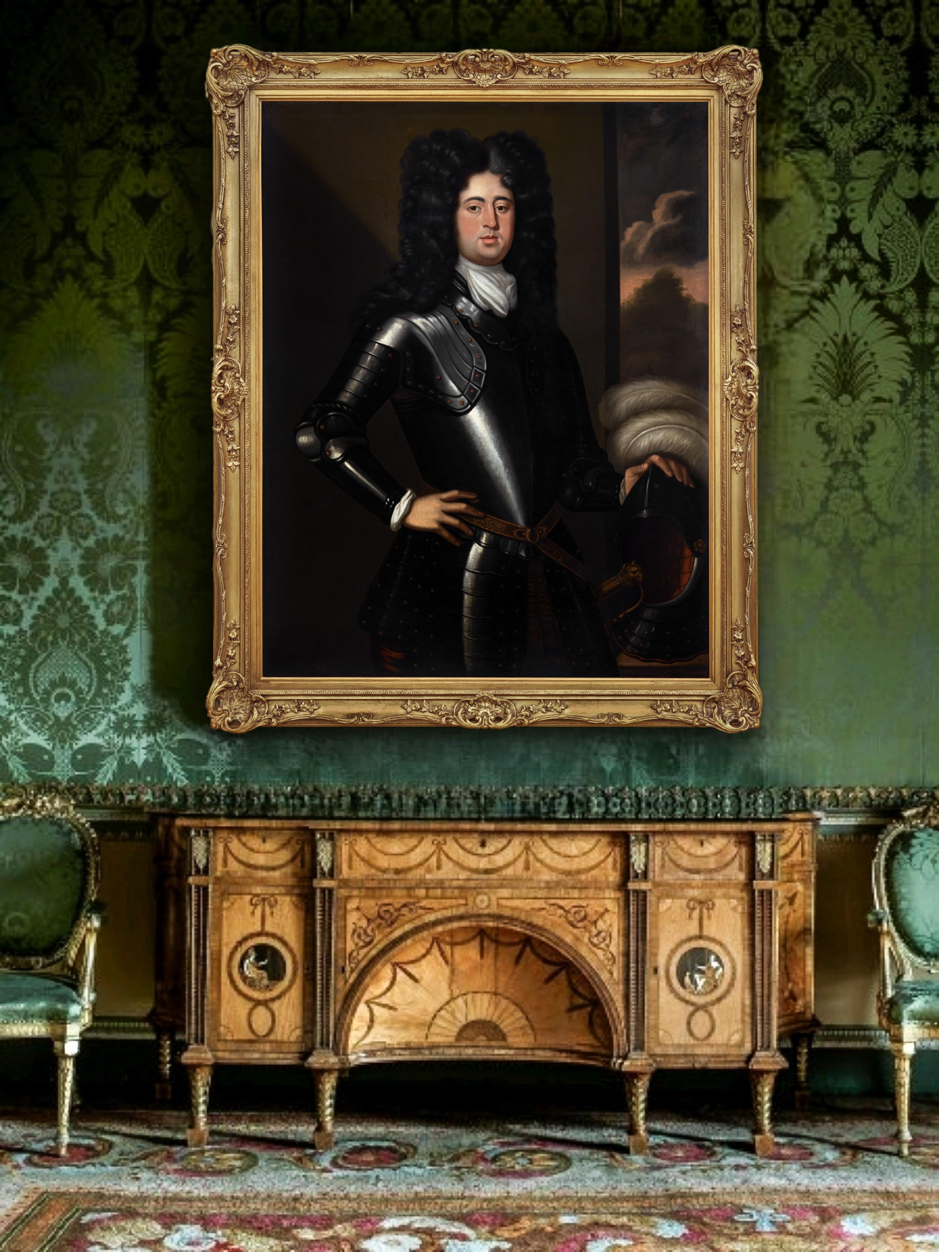 Portrait de gentleman en armure par Table & Helmut vers 1685 Provenance aristocratique - Maîtres anciens Art par Johann Kerseboom