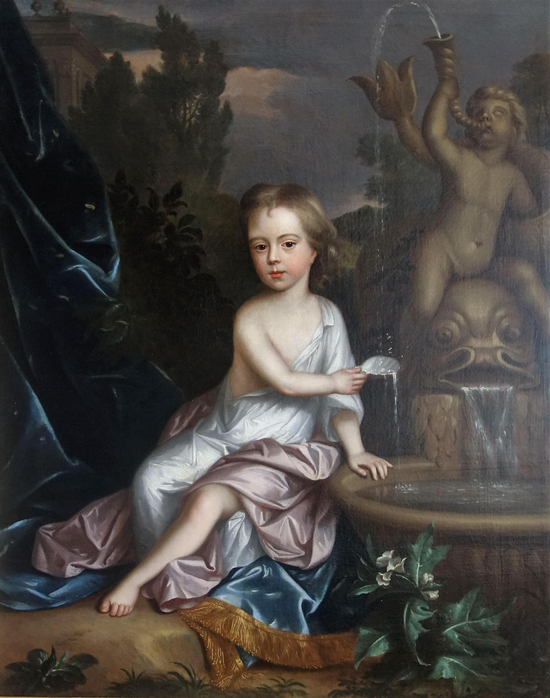 English 17th century portrait of James Thynne as a young boy by a fountain