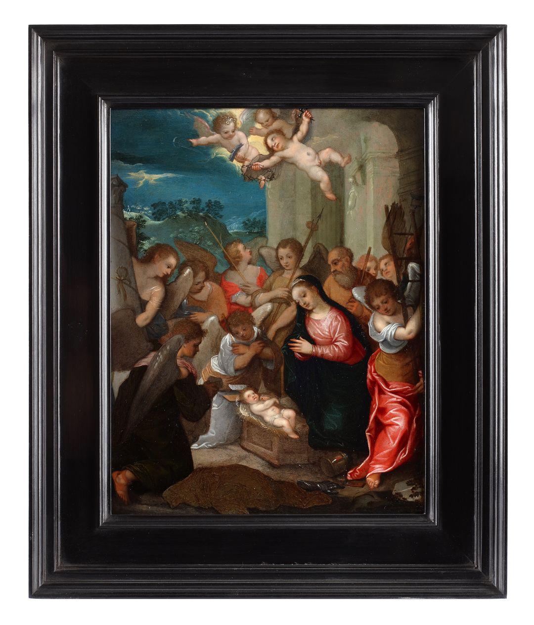 Adoration with angels and putti - Attr. to Johann König (1586-1642) For Sale 1