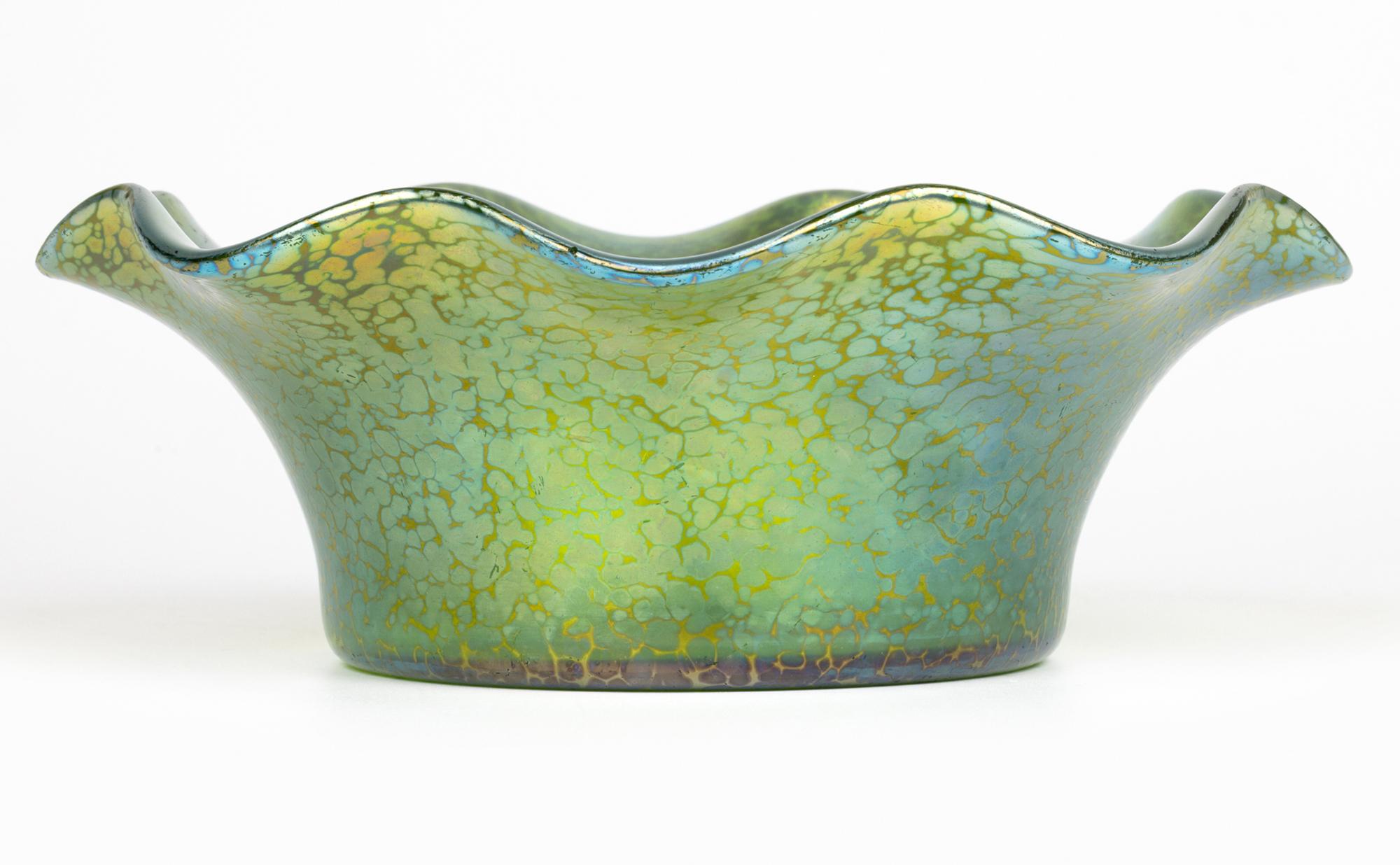Johann Loetz Witwe Green Papillon Large Iridescent art Glass Bowl For Sale 6