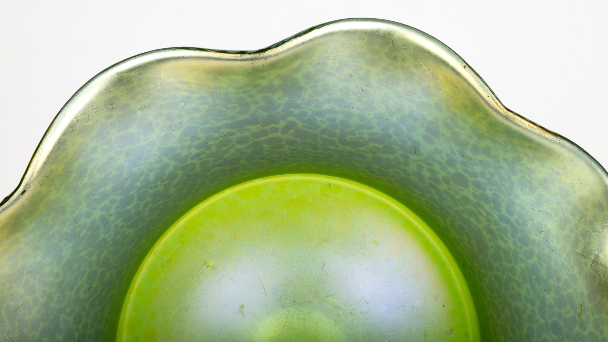 Austrian Johann Loetz Witwe Green Papillon Large Iridescent art Glass Bowl For Sale