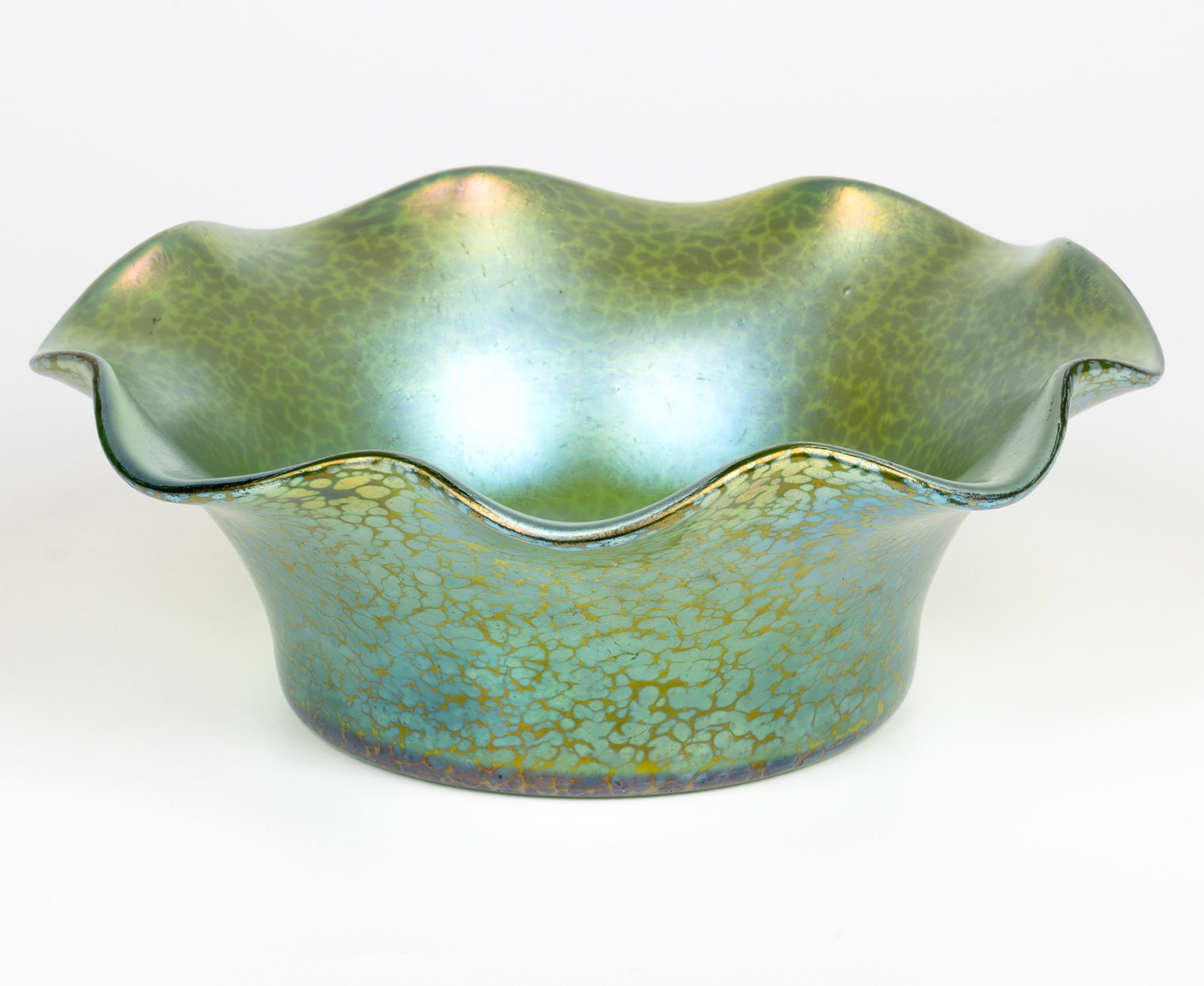 Hand-Crafted Johann Loetz Witwe Green Papillon Large Iridescent art Glass Bowl For Sale