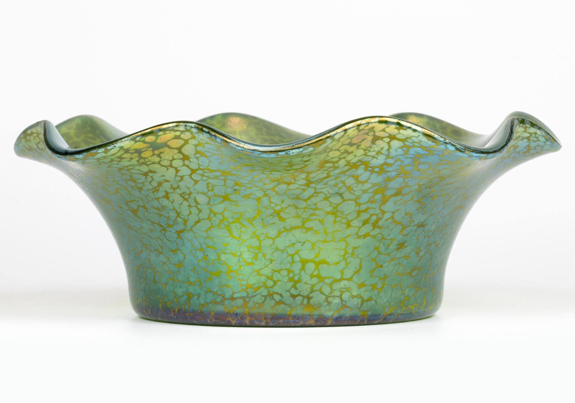 Early 20th Century Johann Loetz Witwe Green Papillon Large Iridescent art Glass Bowl For Sale