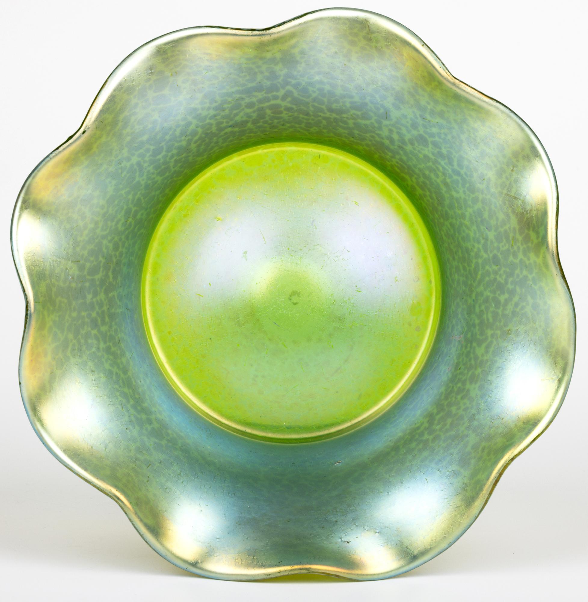 Blown Glass Johann Loetz Witwe Green Papillon Large Iridescent art Glass Bowl For Sale