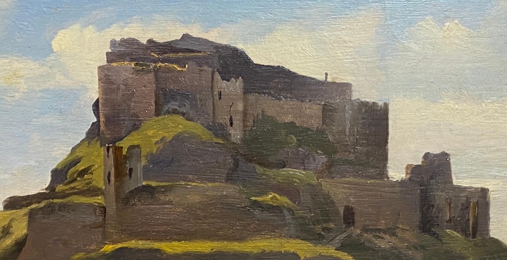 Oil on board, signed lower right
Image size: 10 x 15 1/4 inches (51 x 39 cm)
Gilt frame

This is a landscape of Baden-Wurttemberg, a German state. The castle depicted is the Hochburg Castle, found near Emmendingen at the foothills of the Black