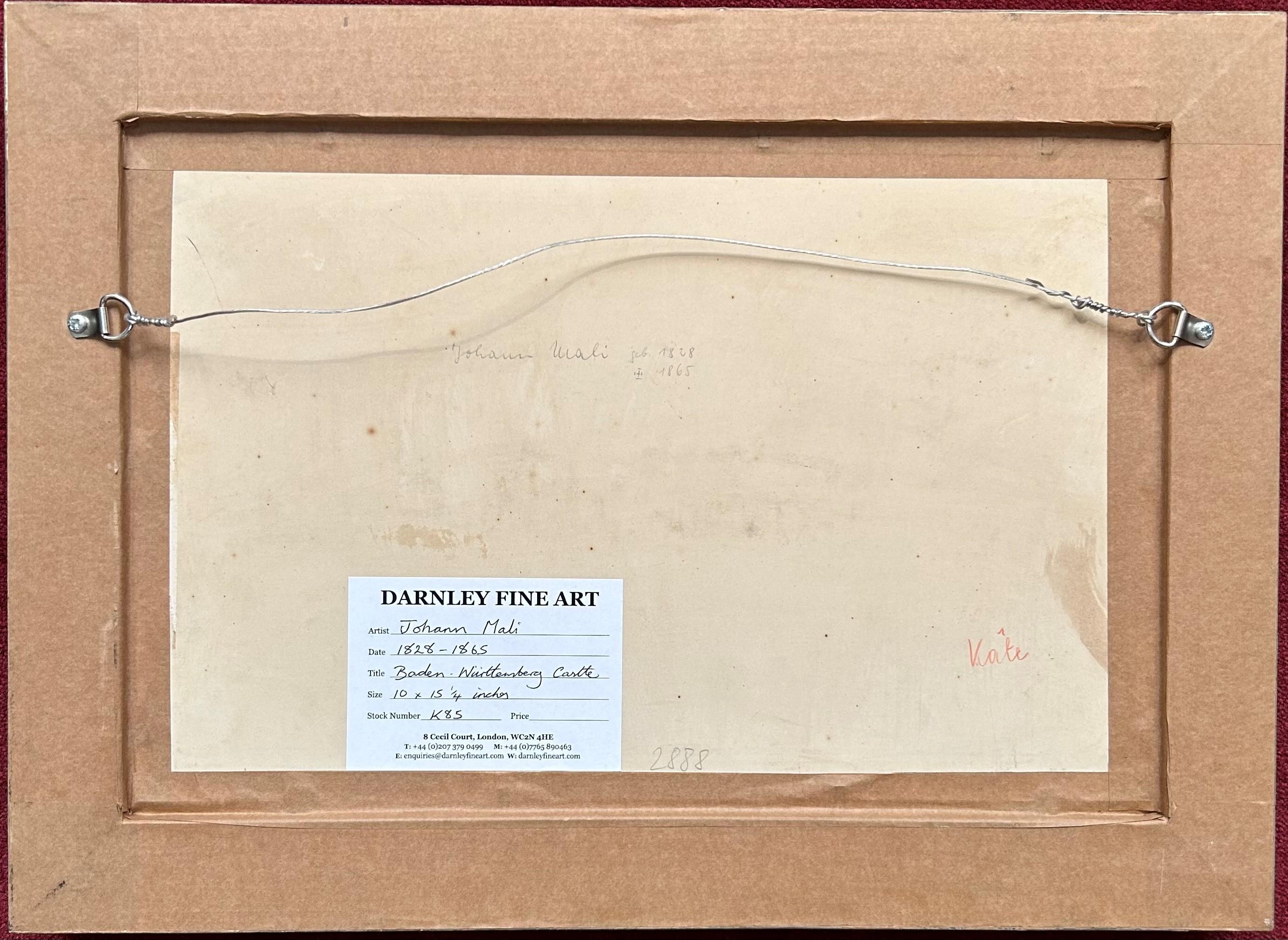 Johann Mali
1828 - 1865
Schloss Baden-Württemberg
Öl auf Karton, rechts unten signiert
Bildgröße: 10 x 15 1/4 Zoll (51 x 39 cm)
Handgefertigter Rahmen aus Vergoldungsholz

Dies ist eine Landschaft in Baden-Württemberg, einem deutschen Bundesland.