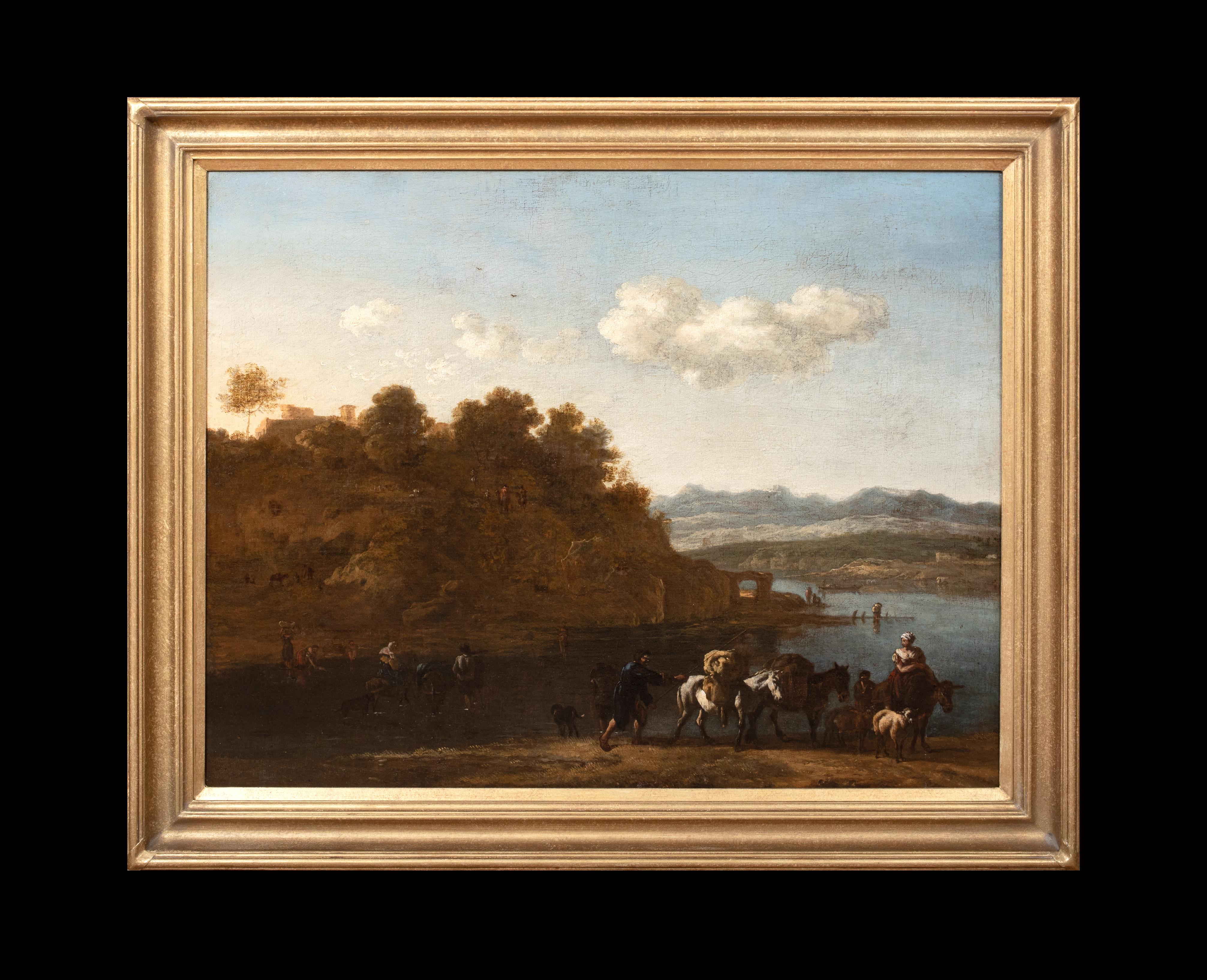Mandriano e bestiame in un paesaggio fluviale, XVII secolo  Olandese - Painting di Johann Melchior Roos