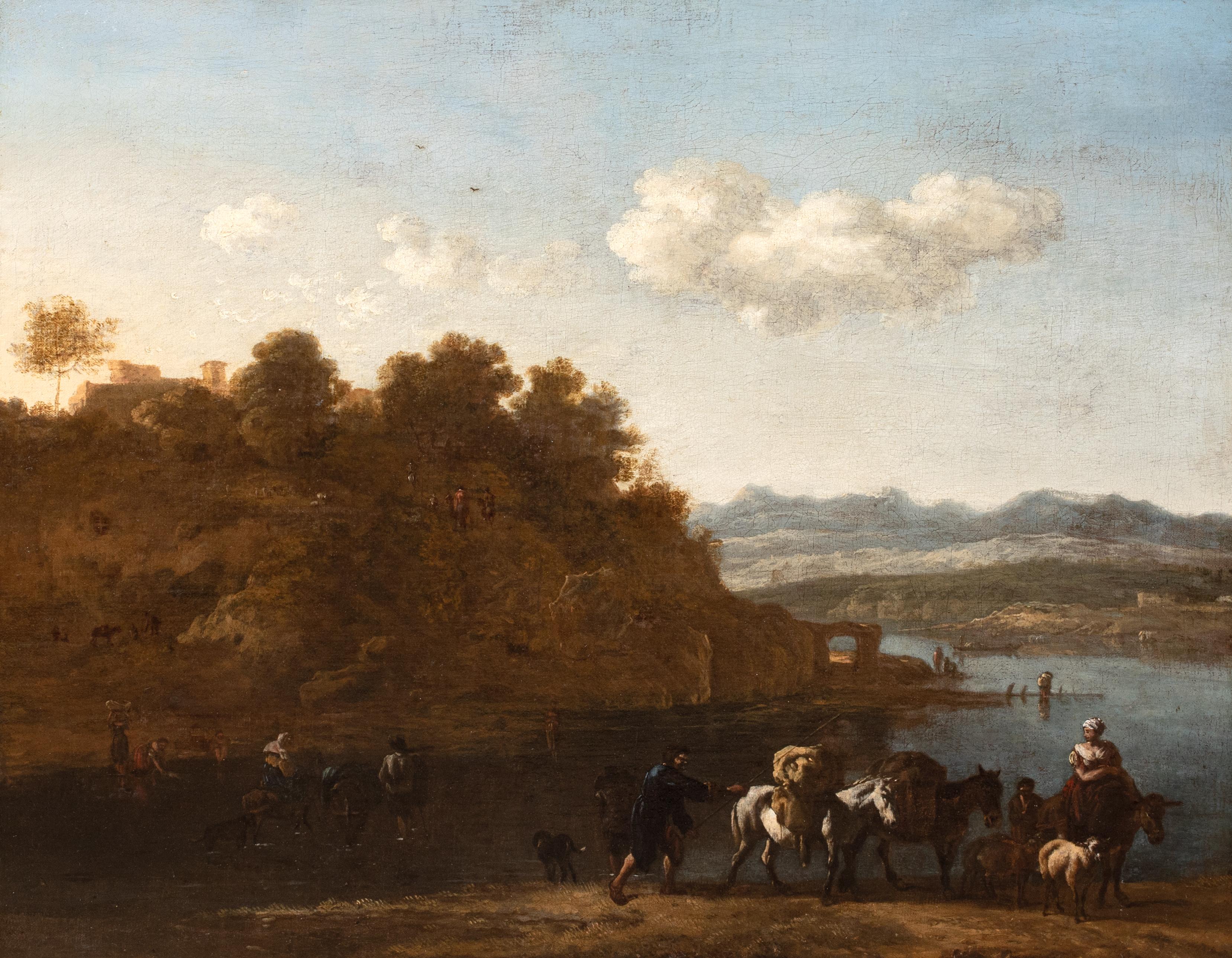 Mandriano e bestiame in un paesaggio fluviale, XVII secolo  Olandese - Landscape Painting Beige di Johann Melchior Roos