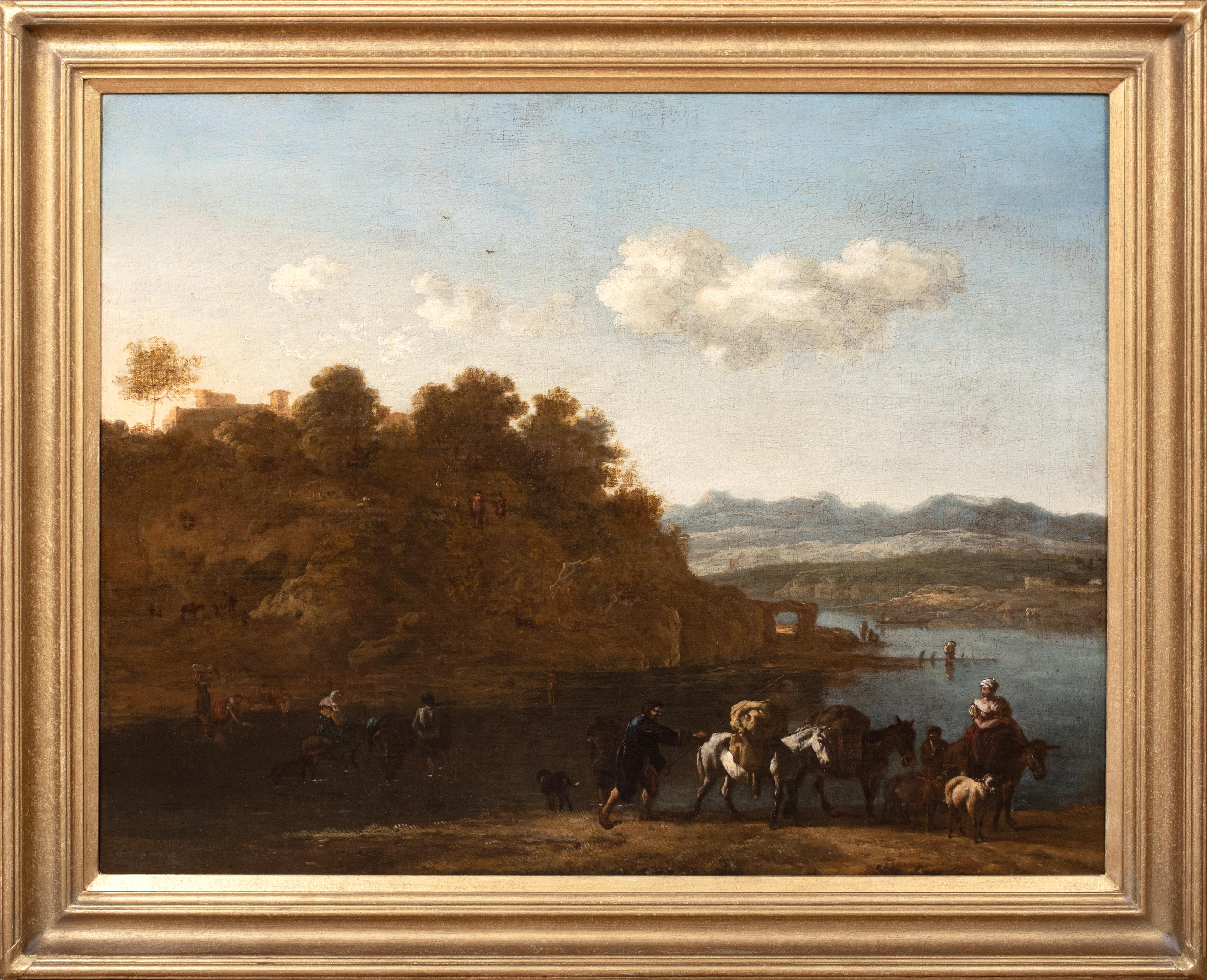 Landscape Painting di Johann Melchior Roos - Mandriano e bestiame in un paesaggio fluviale, XVII secolo  Olandese