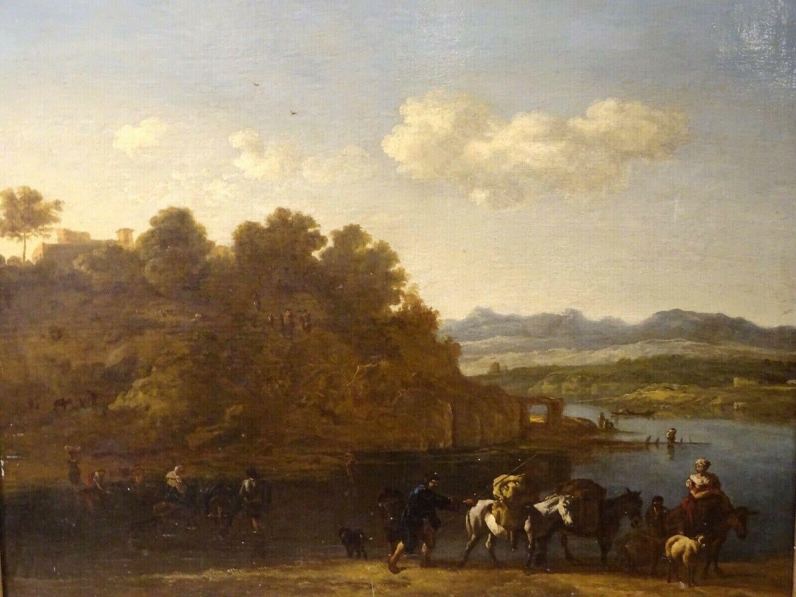 Figuren und Rinder in einer Flusslandschaft, 17. Jahrhundert – Painting von Johann Melchior Roos