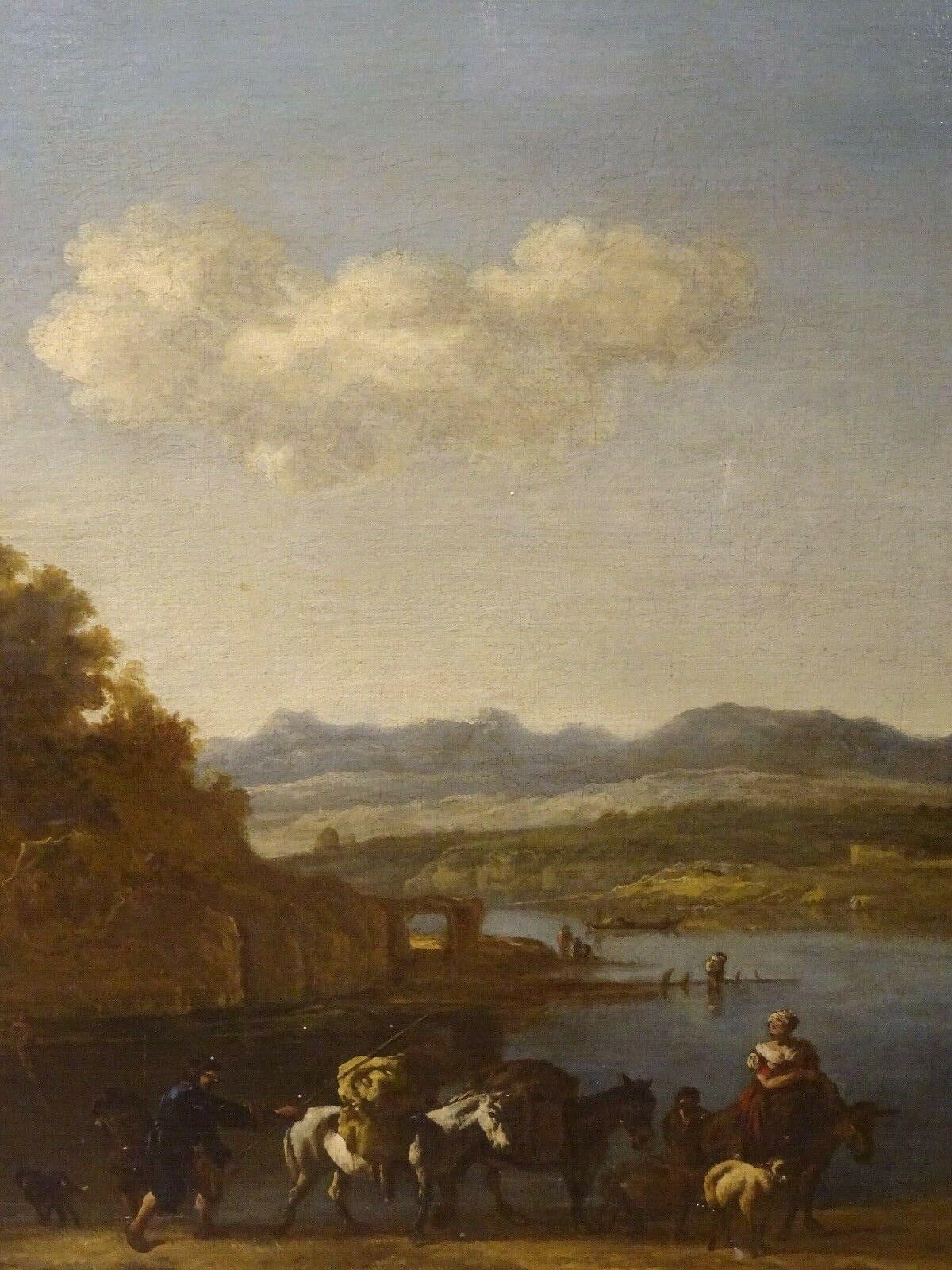 Figuren und Rinder in einer Flusslandschaft, 17. Jahrhundert (Braun), Landscape Painting, von Johann Melchior Roos