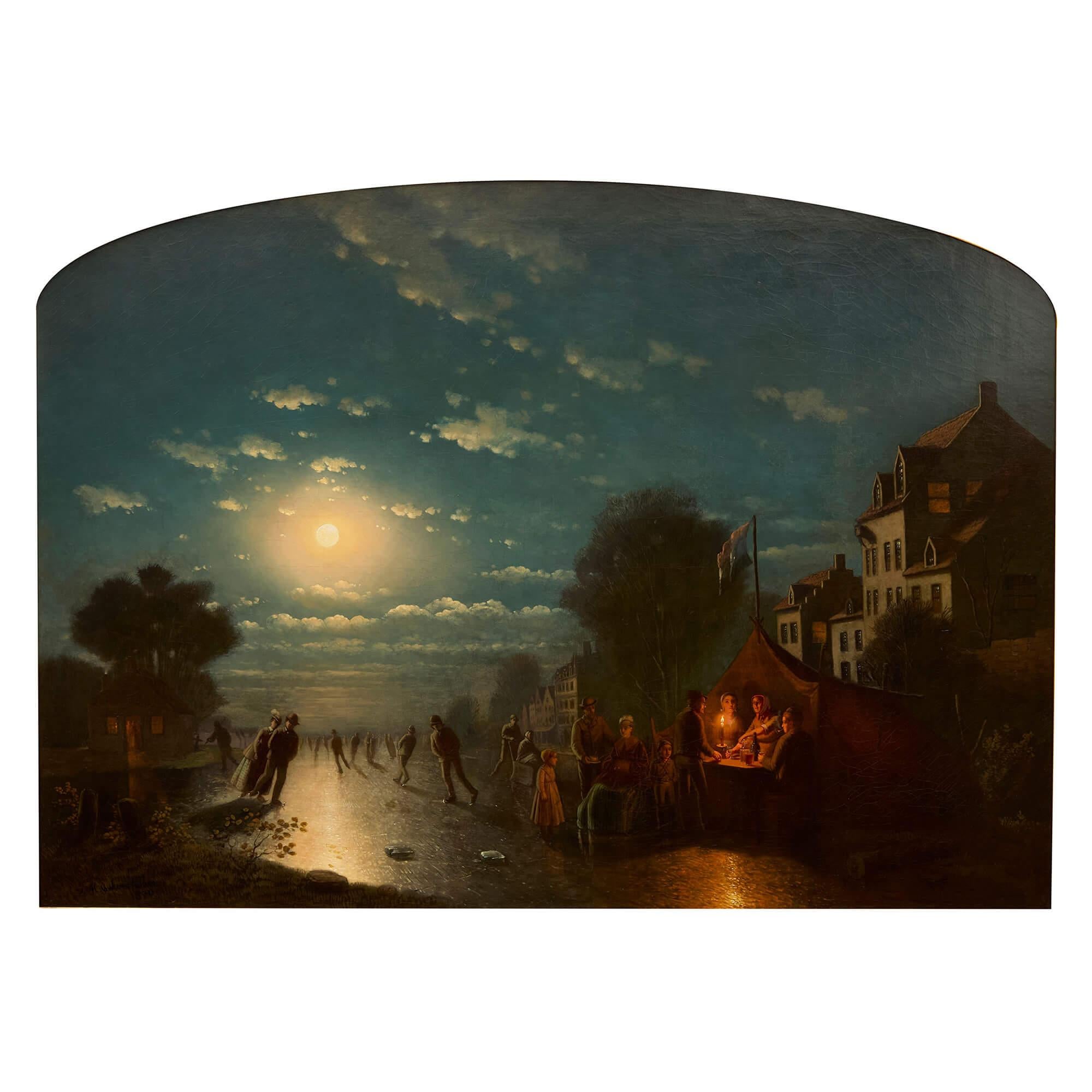 Antique Dutch Oil Painting of an Ice Skating Scene by Culverhouse - Brown Figurative Painting by Johann Mongels Culverhouse