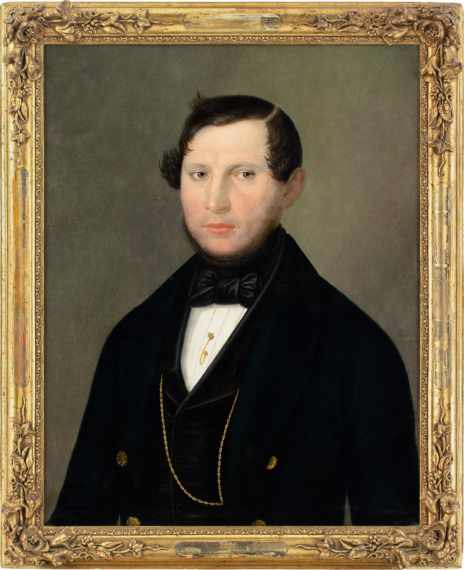 This charming mid-19th-century oil painting by Austrian artist Johann Paul Eisenmeyer (act.1820-1846) depicts a gentleman wearing a black coat, white shirt and black bowtie.

Eisenmeyer was an accomplished painter of portraits, religious works, and