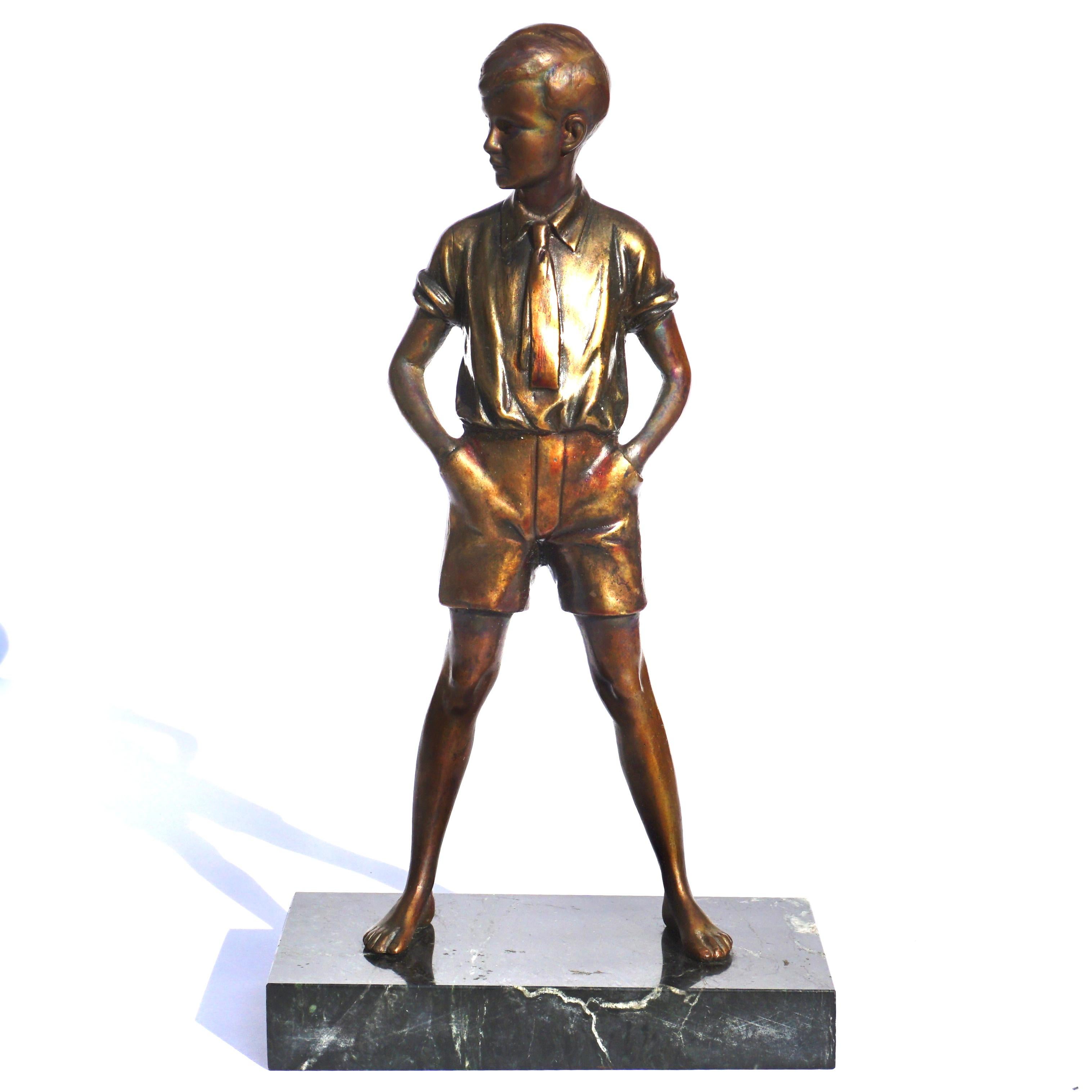 Johann Philipp Ferdinand Preiss (Germany, 1882-1943), Sonny Boy

patinated cast bronze, incised signature to figure's right foot.

A confidently standing youth figure depicted with tie and smart dress with hands in pockets, mounted atop a
