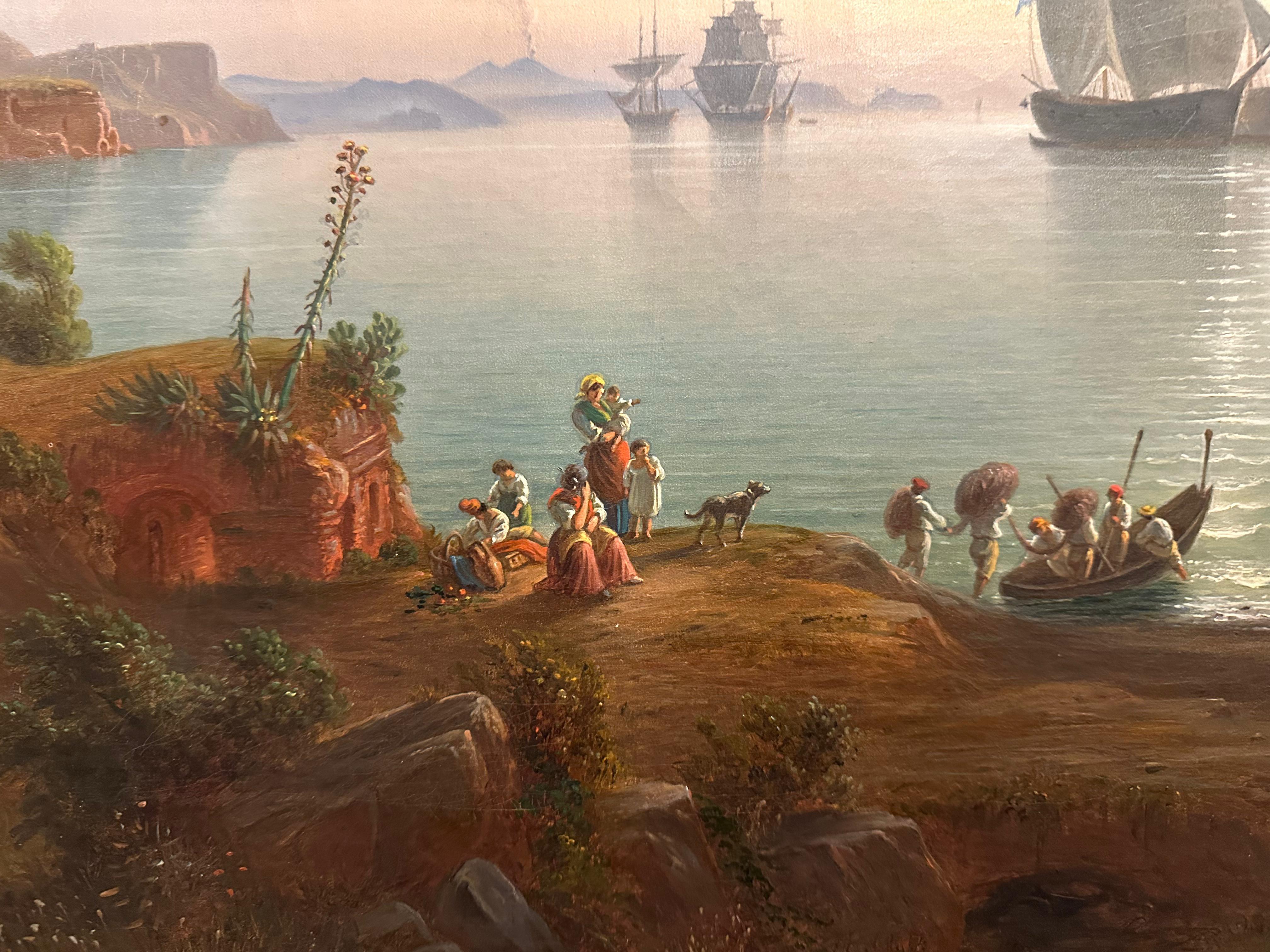 Carl Buhlmann (19e siècle)
Vue de Naples avec le Vésuve au loin
Huile sur toile, 67 x 100 cm

Cette vue panoramique lumineuse de Naples capture la beauté sereine de la baie avec une précision et une atmosphère remarquables. Au premier plan, des