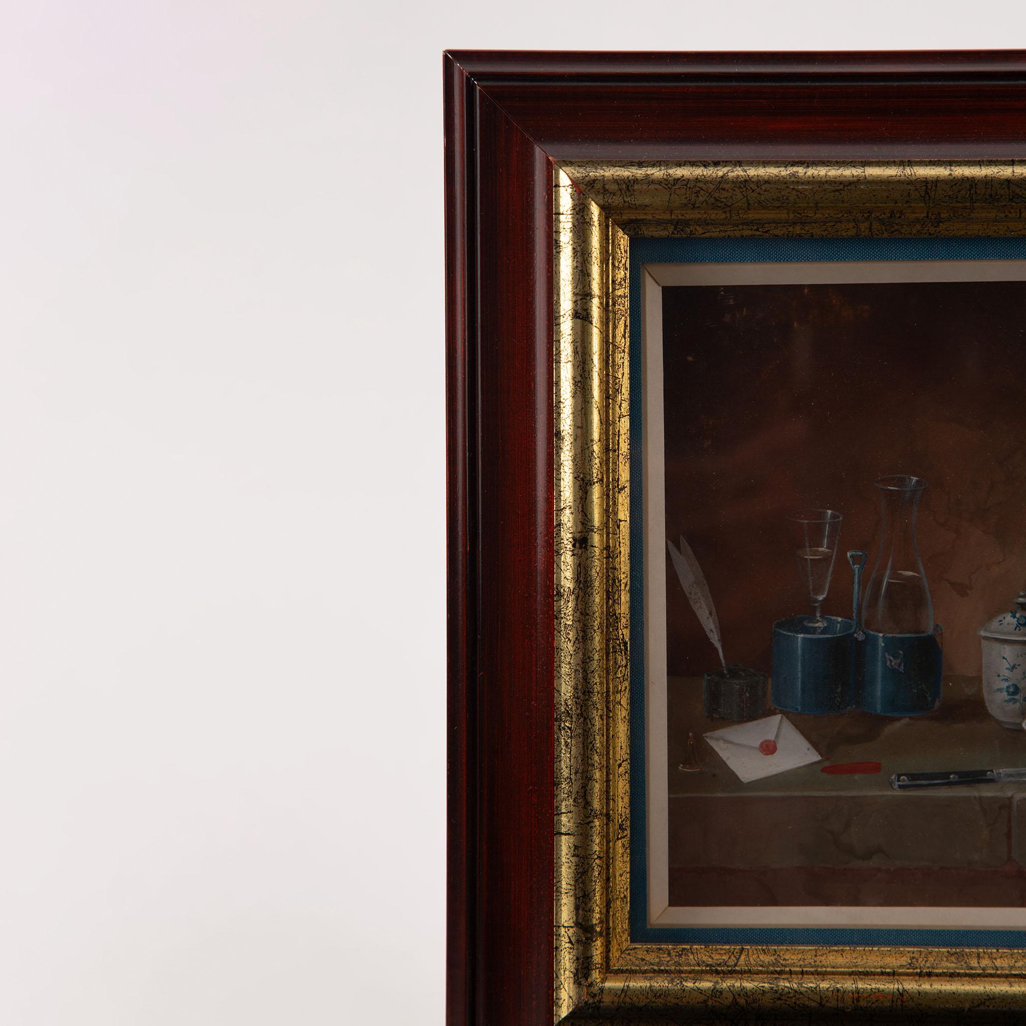 JJohann Rudolf Feyerabend (Swiss, 1779–1814)
Still Life with Draughts Board
Watercolour and Gouache on Paper, signed lower right
A finely wrought cabinet still life in which Feyerabend arranges a draughts (checkers) board tipped against a stone