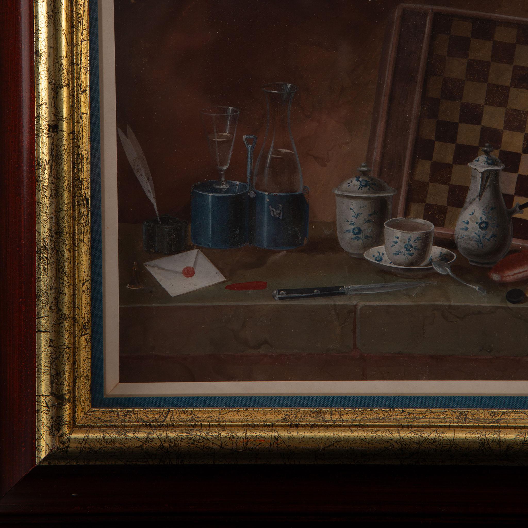 Swiss Johann Rudolf Feyerabend, Trompe-l’œil Still Life with Draughts Board, 18th C. For Sale