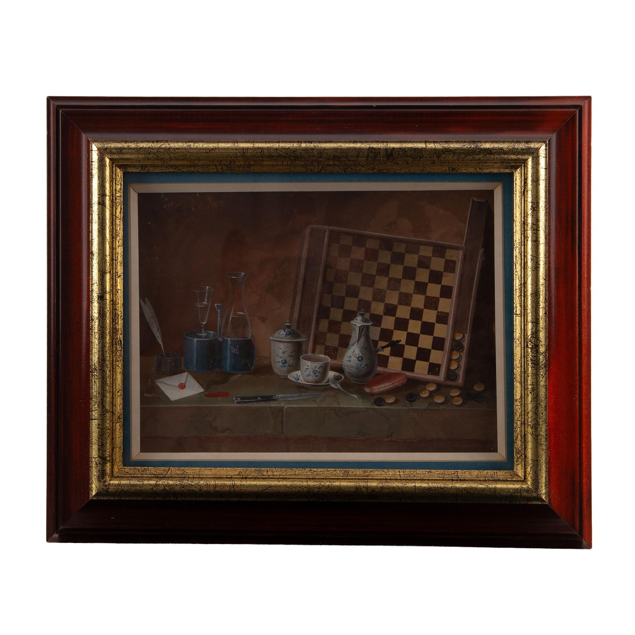 18th Century Johann Rudolf Feyerabend, Trompe-l’œil Still Life with Draughts Board, 18th C. For Sale