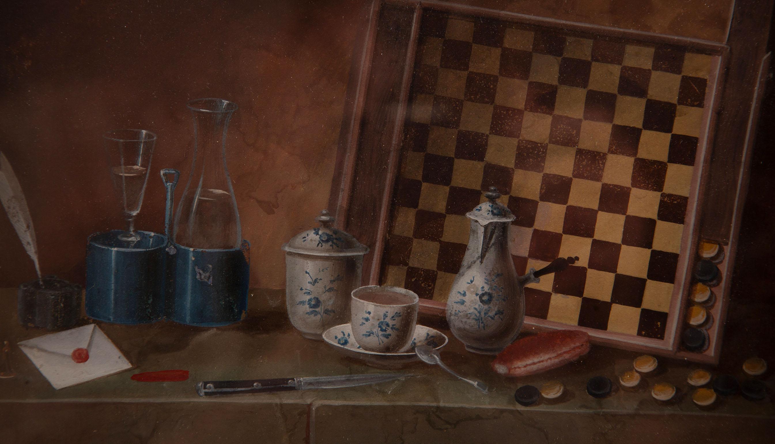 Johann Rudolf Feyerabend, Trompe-l’œil Still Life with Draughts Board, 18th C. For Sale 1