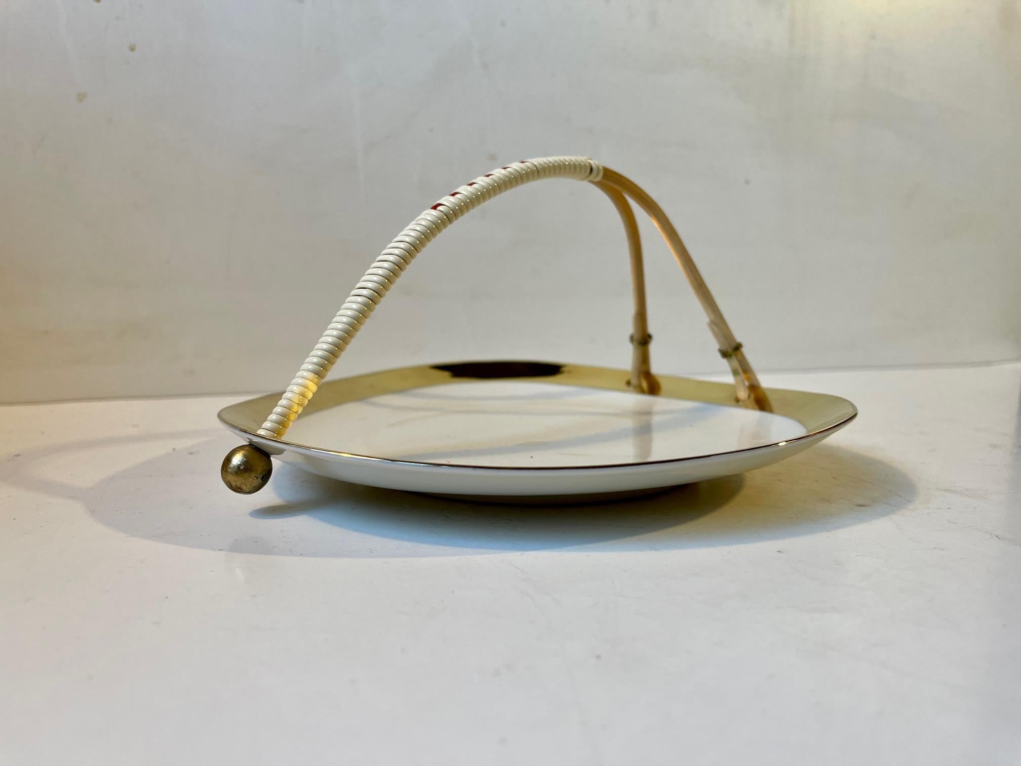 Mid-Century Modern Johann Seltmann German Porcelain Chocolate Dish with Bamboo Handle For Sale