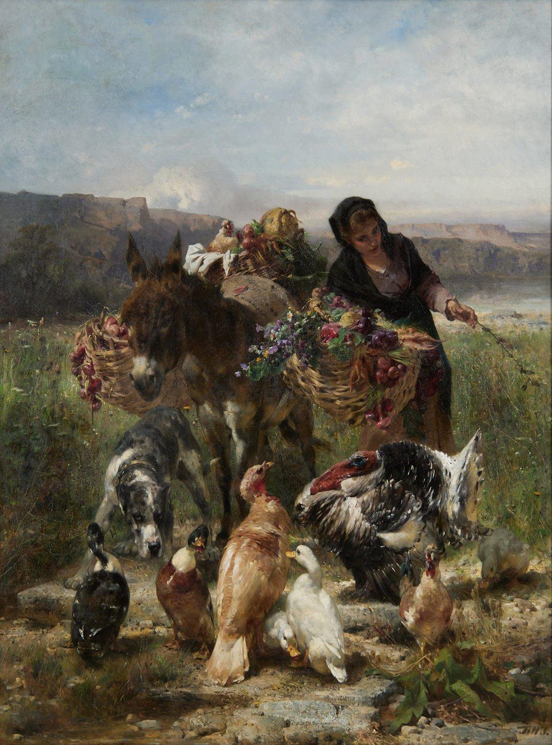 Plethora, Mid-19th Century Austrian Landscape Scene with Woman and Animals - Painting by Johann Till the Younger