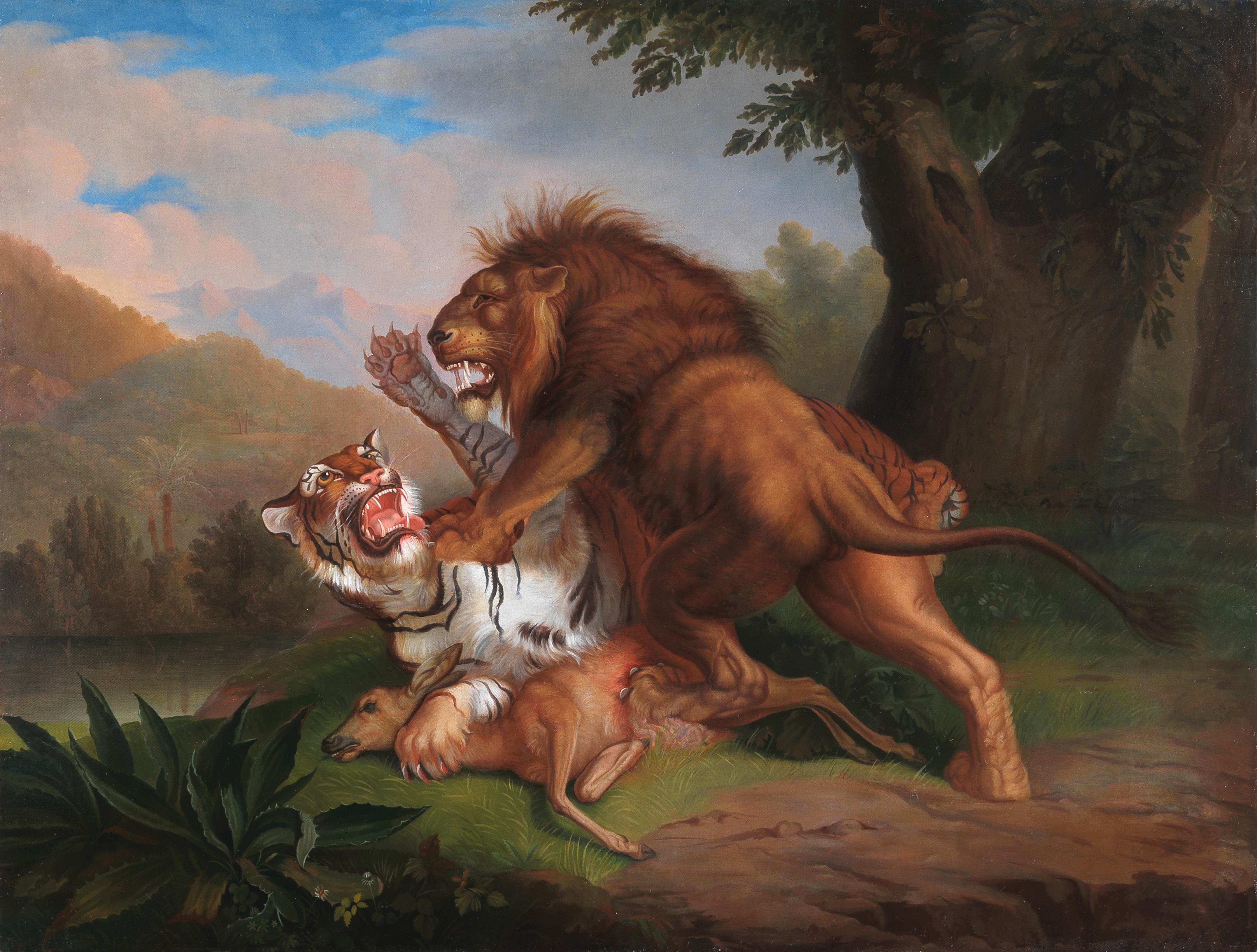 A Lion and a Tiger fighting for a Deer at the edge of a river - Painting by Johann Wenzel Peter