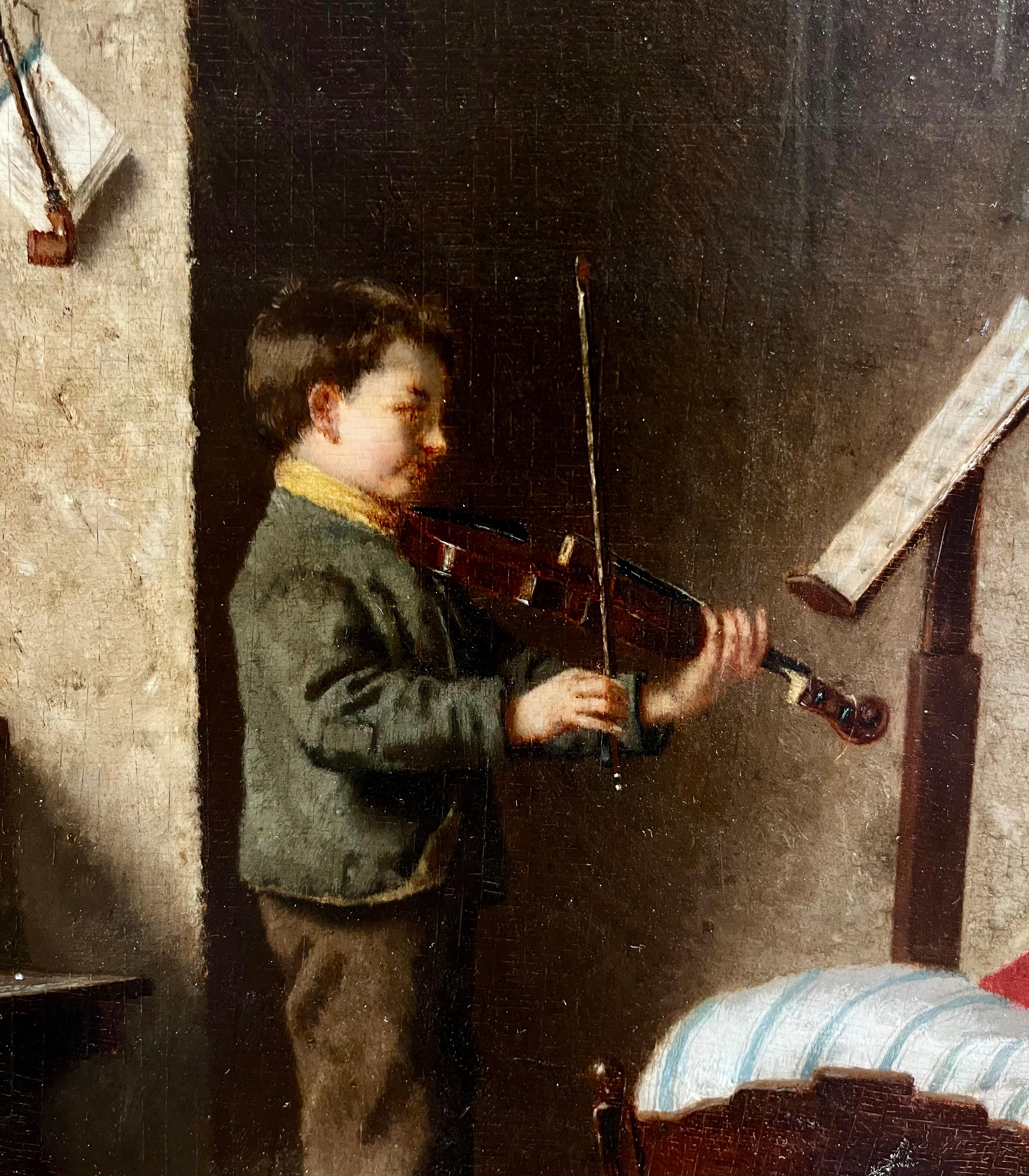 Suonare il violino per il fratellino - Painting di Johann Wilhelm Preyer