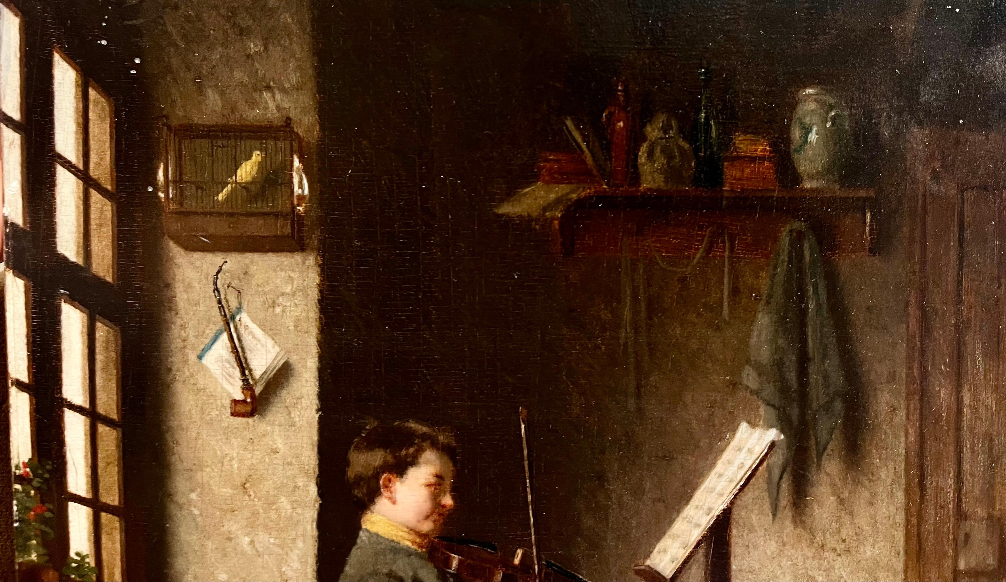 Suonare il violino per il fratellino - Portrait Painting Marrone di Johann Wilhelm Preyer