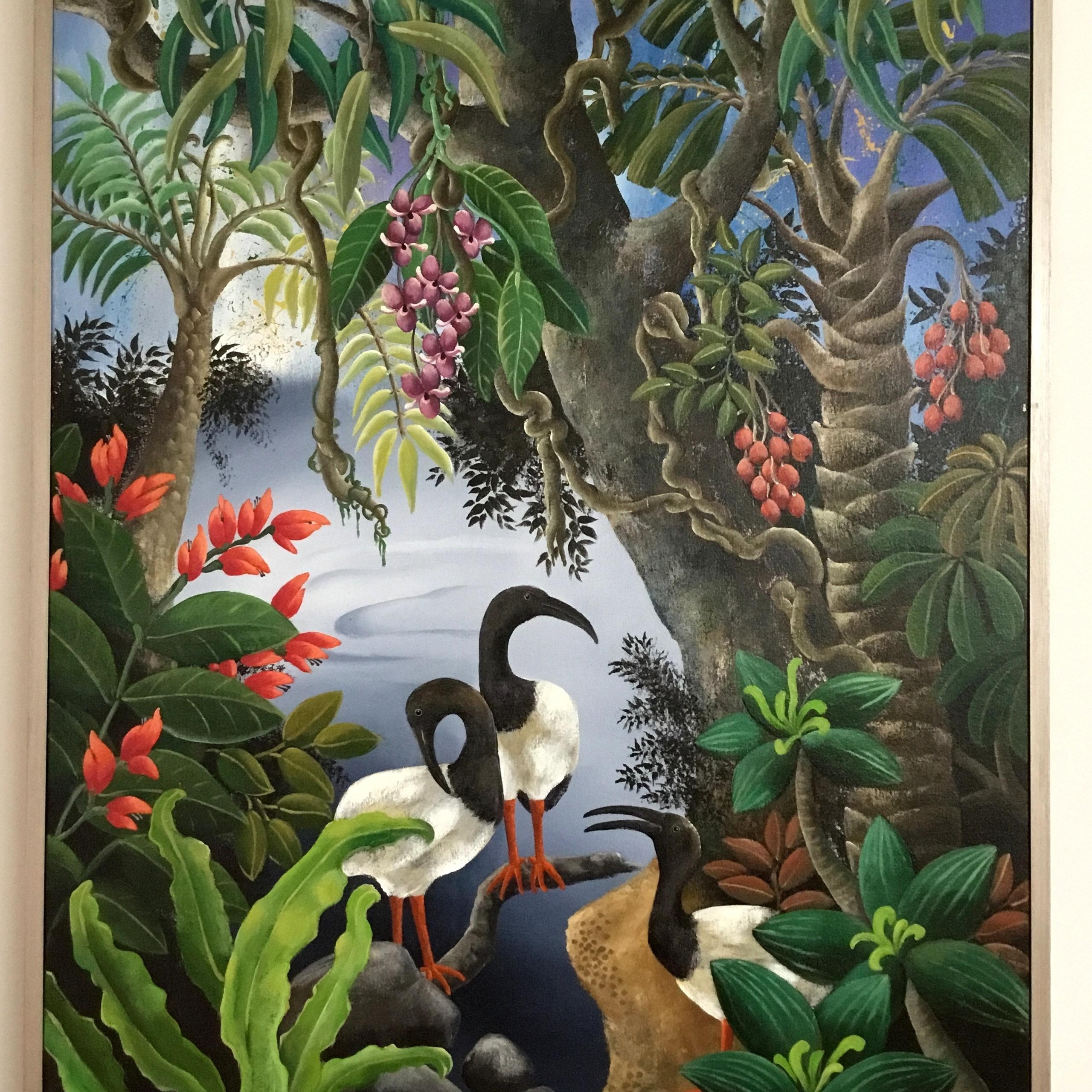 Acrylic paint on canvas, framed in a subtle silver box frame, 4cm deep. Total size including frame W 69cm x H 84cm

In ancient Egypt the Sacred Ibis represented the God of Wisdom. Many of us are familiar with these majestic, elegant birds in Urban