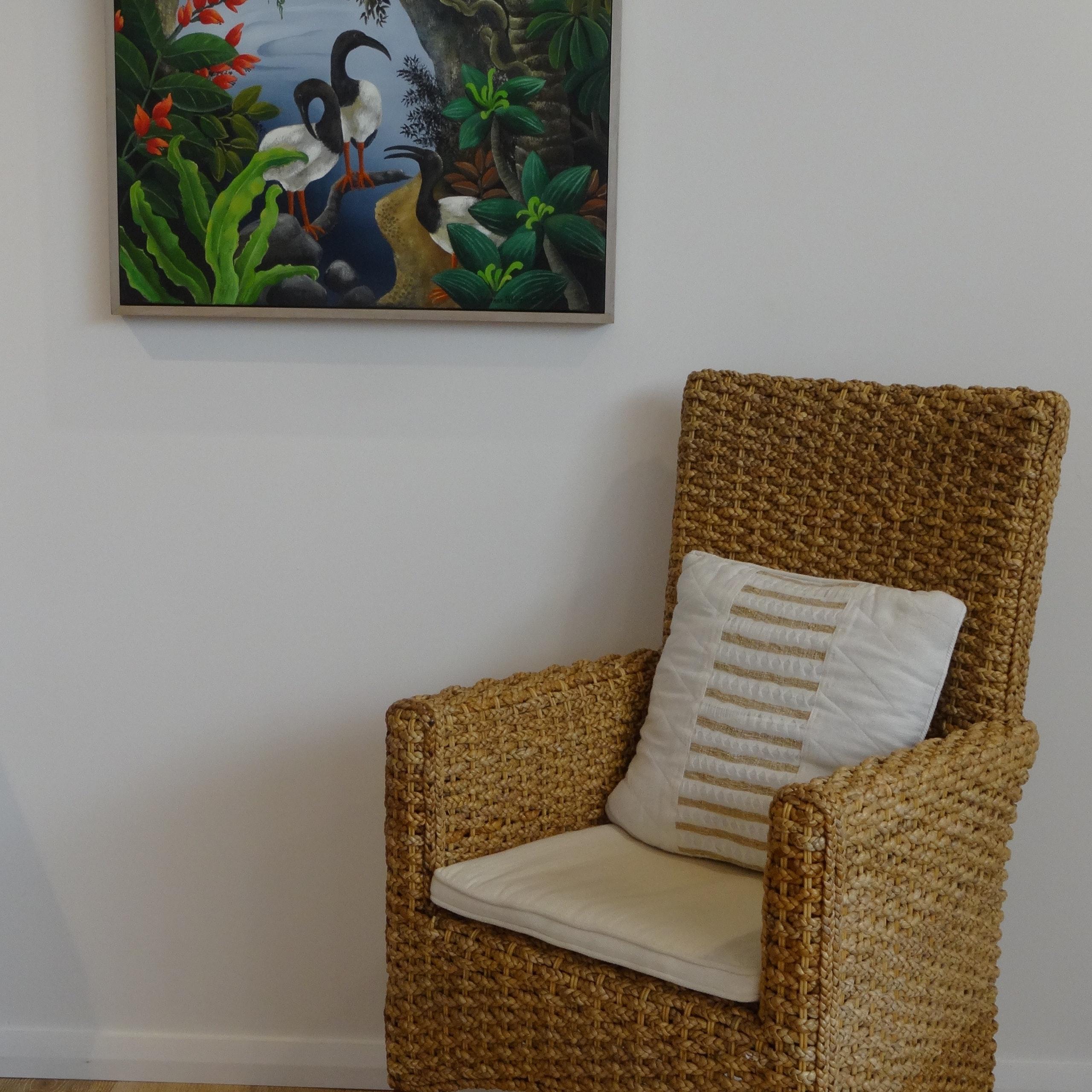Ibis at the Water's Edge by Johanna Hildebrandt. Acrylic on canvas. Framed. 1