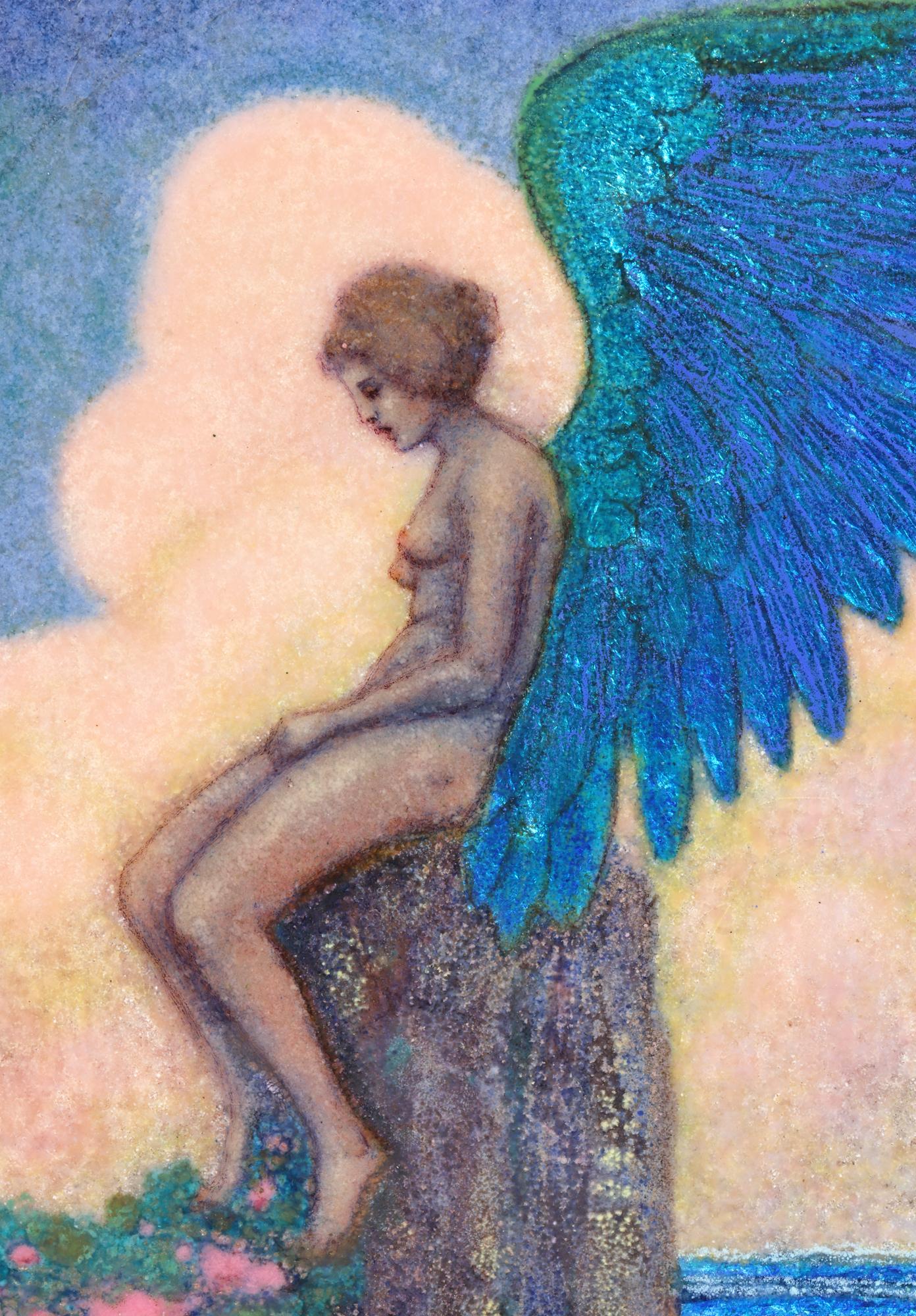 A rare and stunning Austrian Art Nouveau enamel panel decorated with a seated winged naked young woman by renowned and acclaimed artist Johanna Meier-Michel (Austrian, 1876-1945) and dating from around 1900. 
Johanna Meier-Michel worked for both