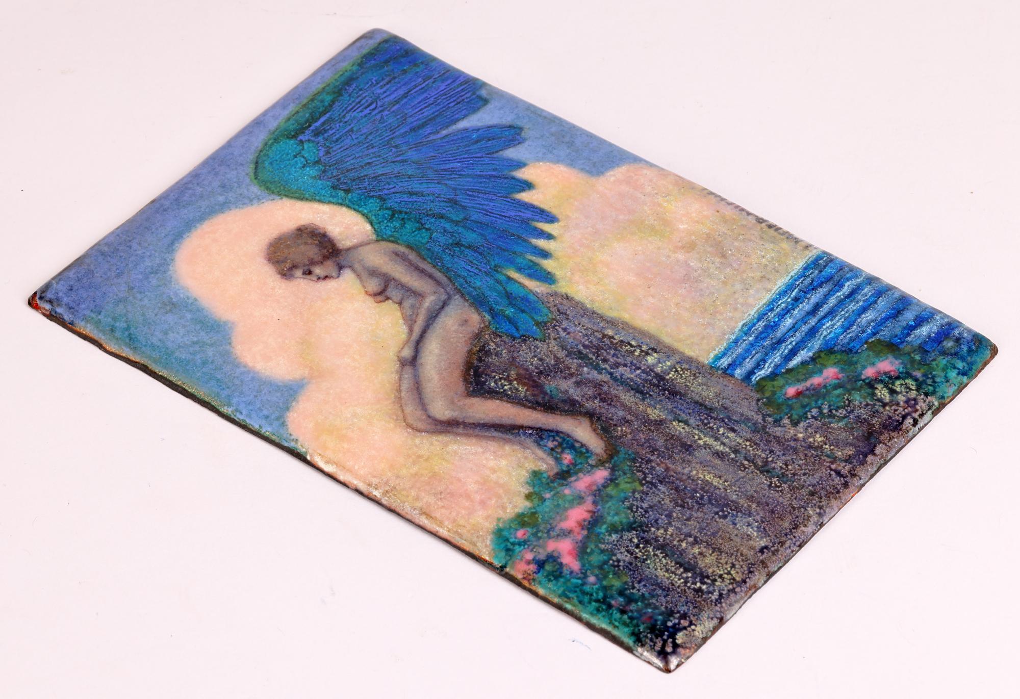 Hand-Crafted Johanna Meier-Michel Art Nouveau Enamel Panel with Nude Winged Angel