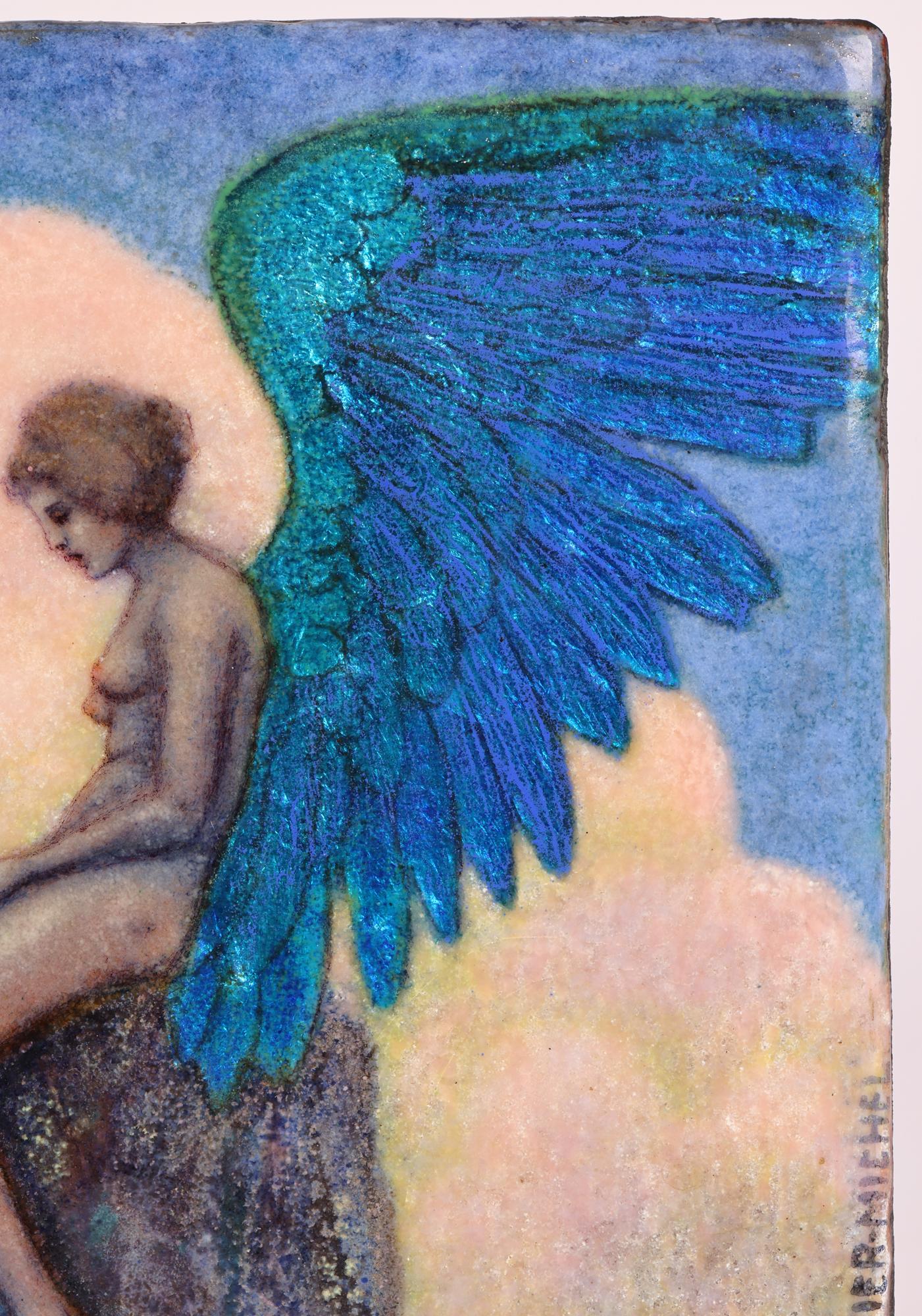 Early 20th Century Johanna Meier-Michel Art Nouveau Enamel Panel with Nude Winged Angel
