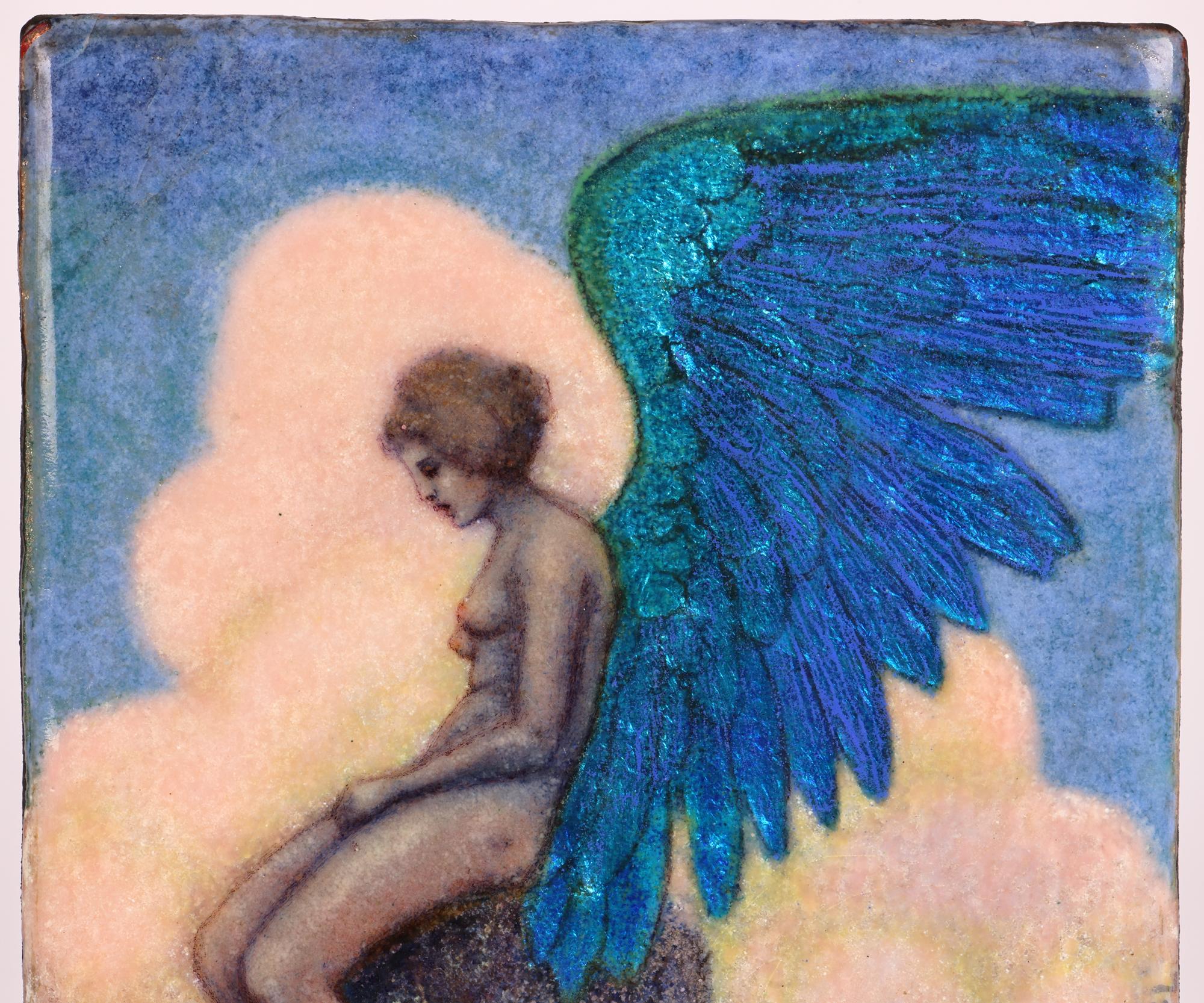 Copper Johanna Meier-Michel Art Nouveau Enamel Panel with Nude Winged Angel