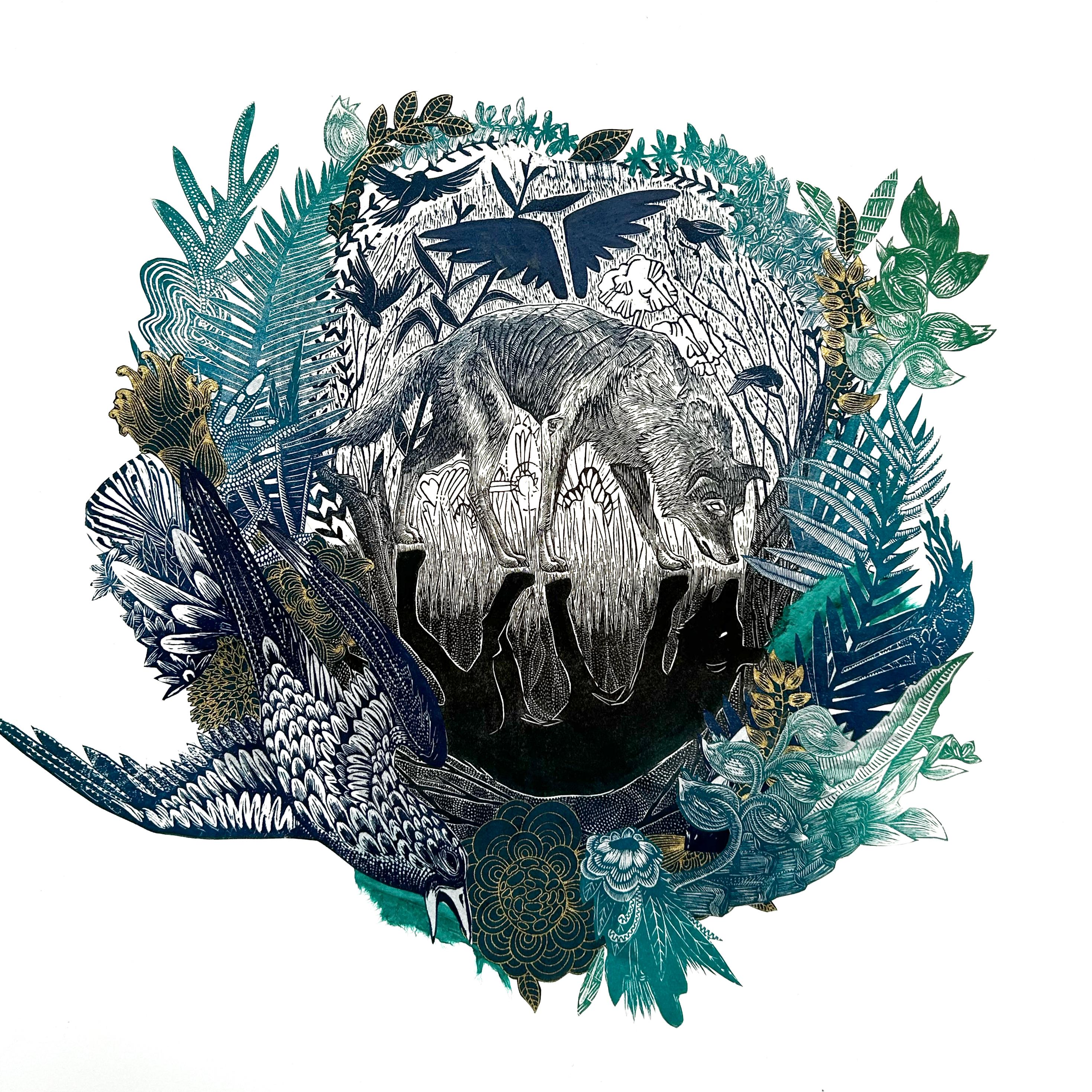 "Coyote Wreath" (2024), Collage, Print, Acrylic, Colored Pencil Painting