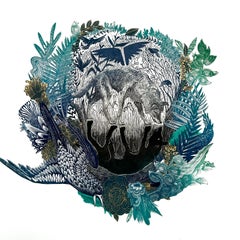 "Coyote Wreath" (2024), Collage, Print, Acrylic, Colored Pencil Painting