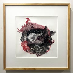 "Corona di conigli rossi" (2024), Collage, stampa, acrilico, pittura a matita colorata