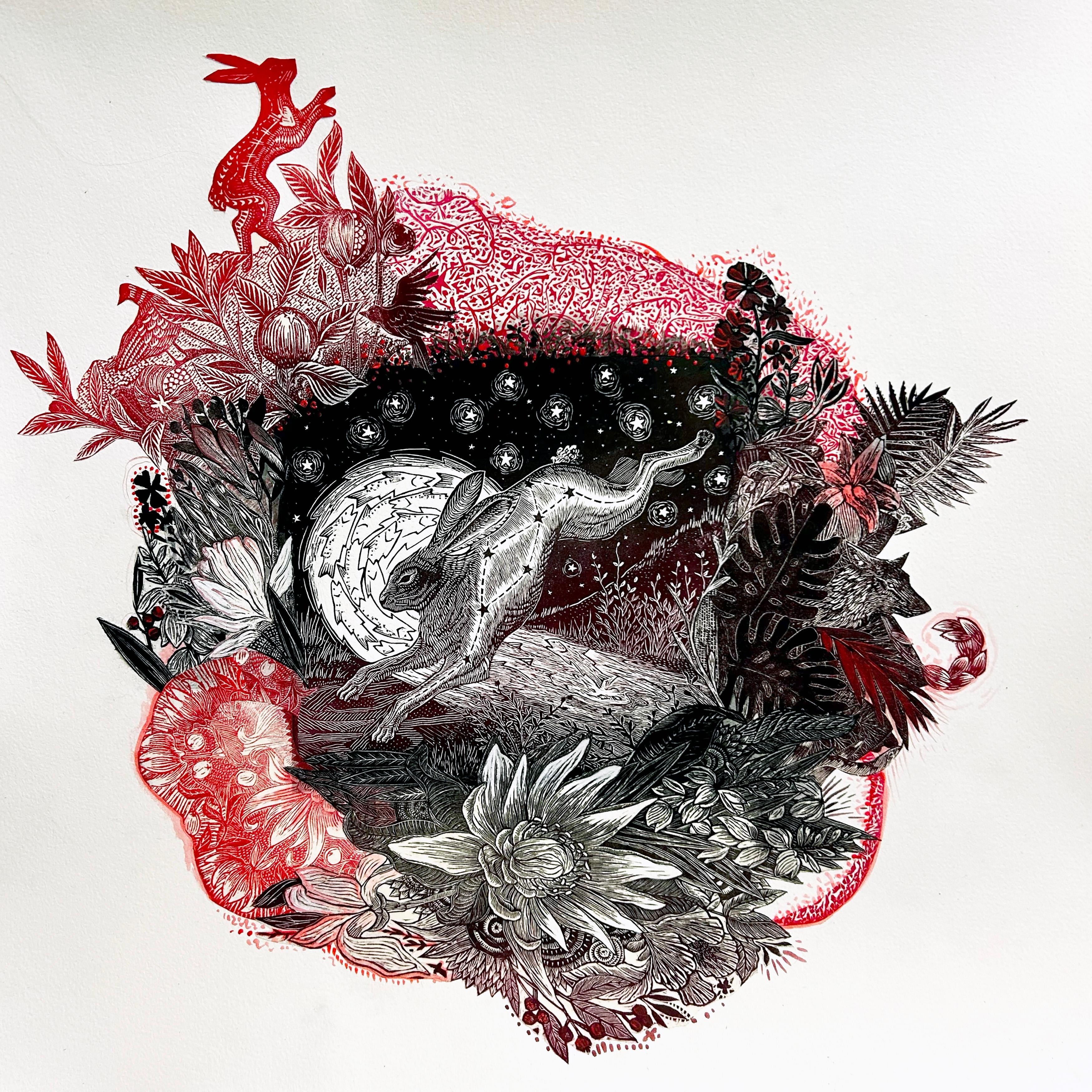 "Red Rabbit Wreath" (2024), Collage, Print, Acrylic, Colored Pencil Painting