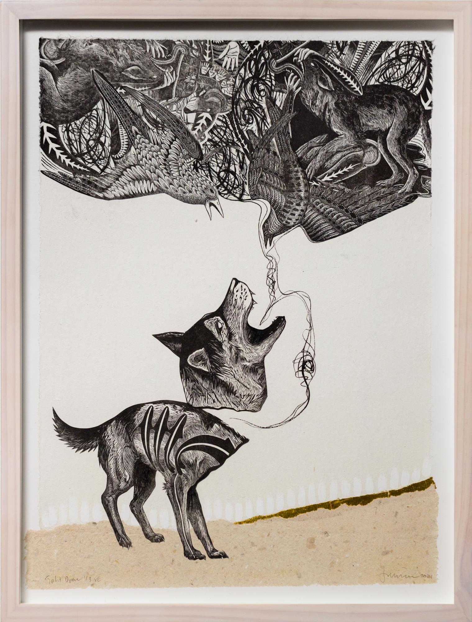 "Split Open", Depiction of Animals, Relief Engraving, Collage, Mixed Media