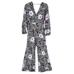 Johanna Ortiz Black Floral Print Silk Long-Sleeve Jumpsuit XL
