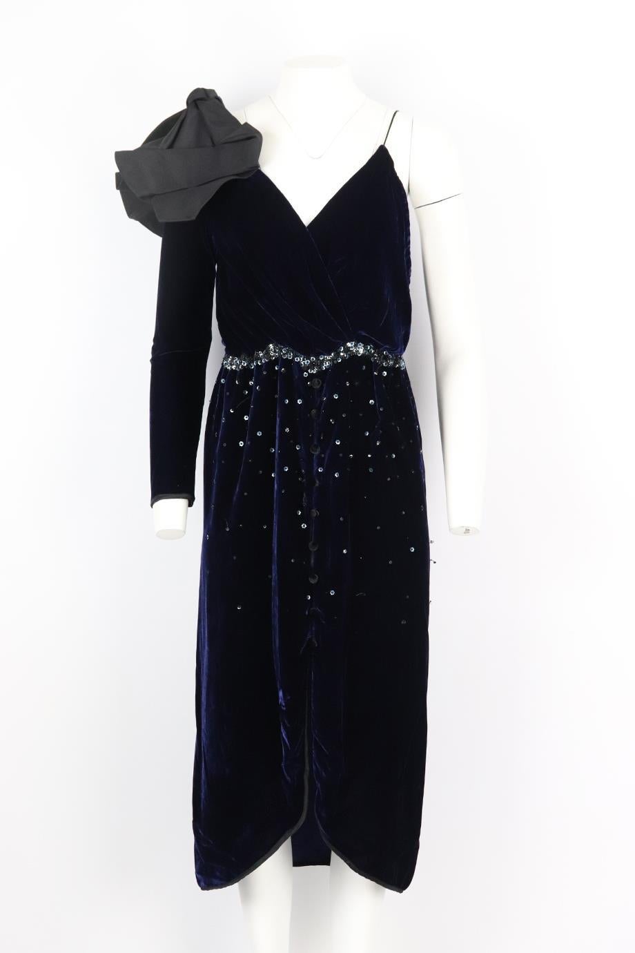 Johanna Ortiz embellished wrap effect velvet midi dress. Black and navy. Sleeveless, v-neck. Zip fastening at back. 68% Rayon, 32% silk. Size: US 4 (UK 8, FR 36, IT 40). Bust: 30 in. Waist: 28 in. Hips: 39 in. Length: 46.5 in. Very good condition -