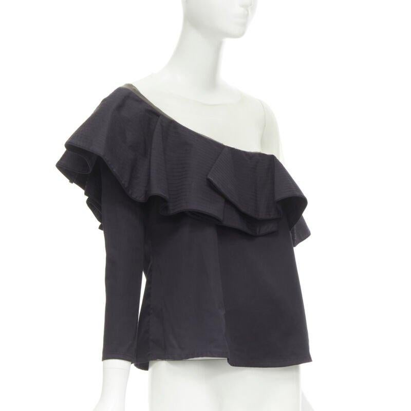Black JOHANNA ORTIZ Lazarote black cotton mesh yoke ruffle off shoulder top US2 XS For Sale