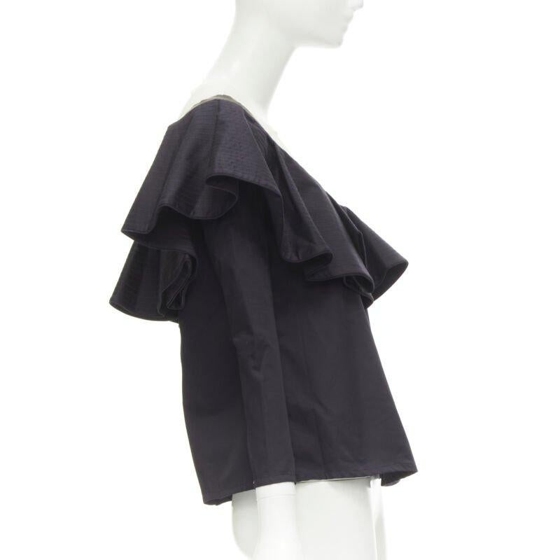 JOHANNA ORTIZ Lazarote black cotton mesh yoke ruffle off shoulder top US2 XS In Excellent Condition For Sale In Hong Kong, NT