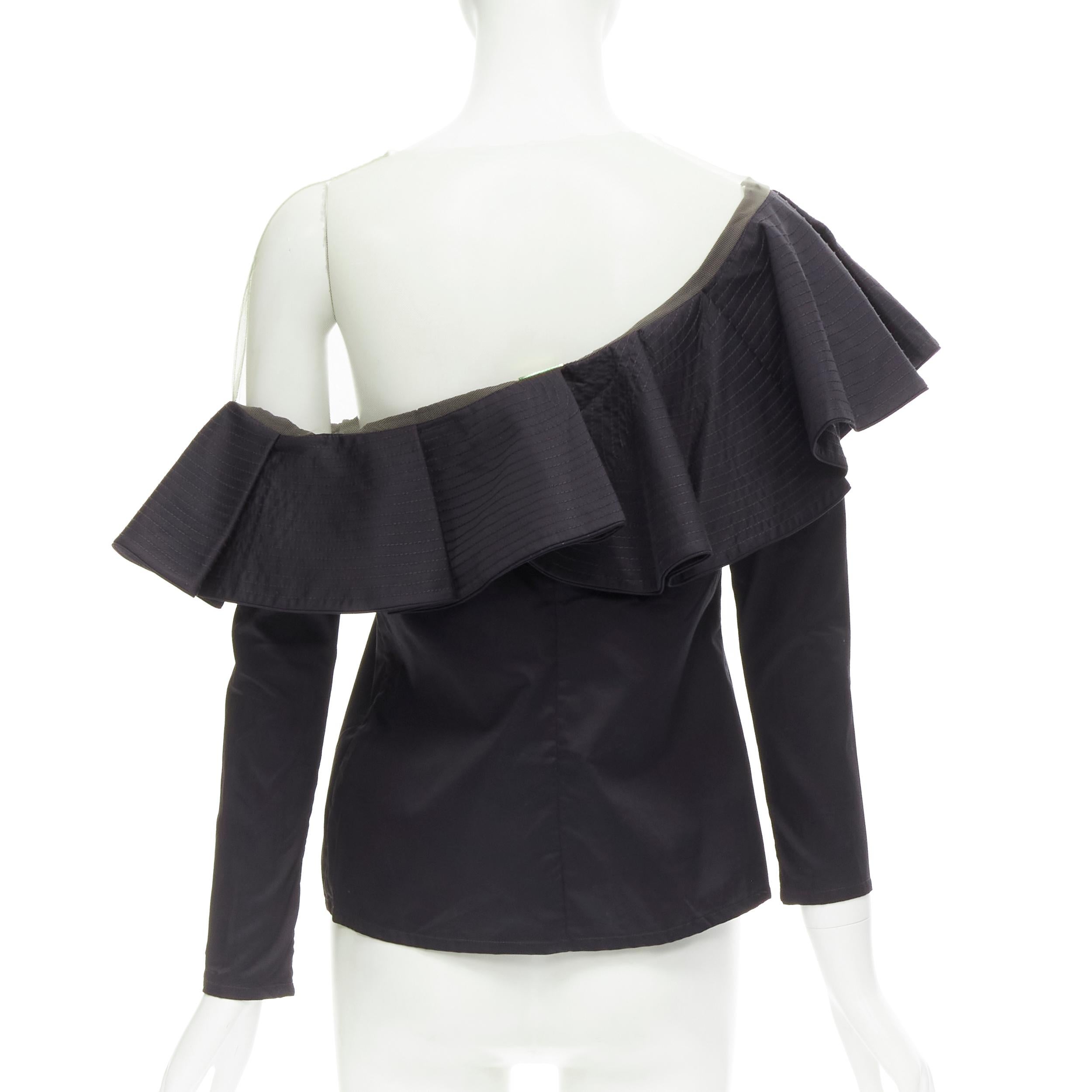 Black JOHANNA ORTIZ Lazarote black cotton mesh yoke ruffle off shoulder top US2 XS For Sale
