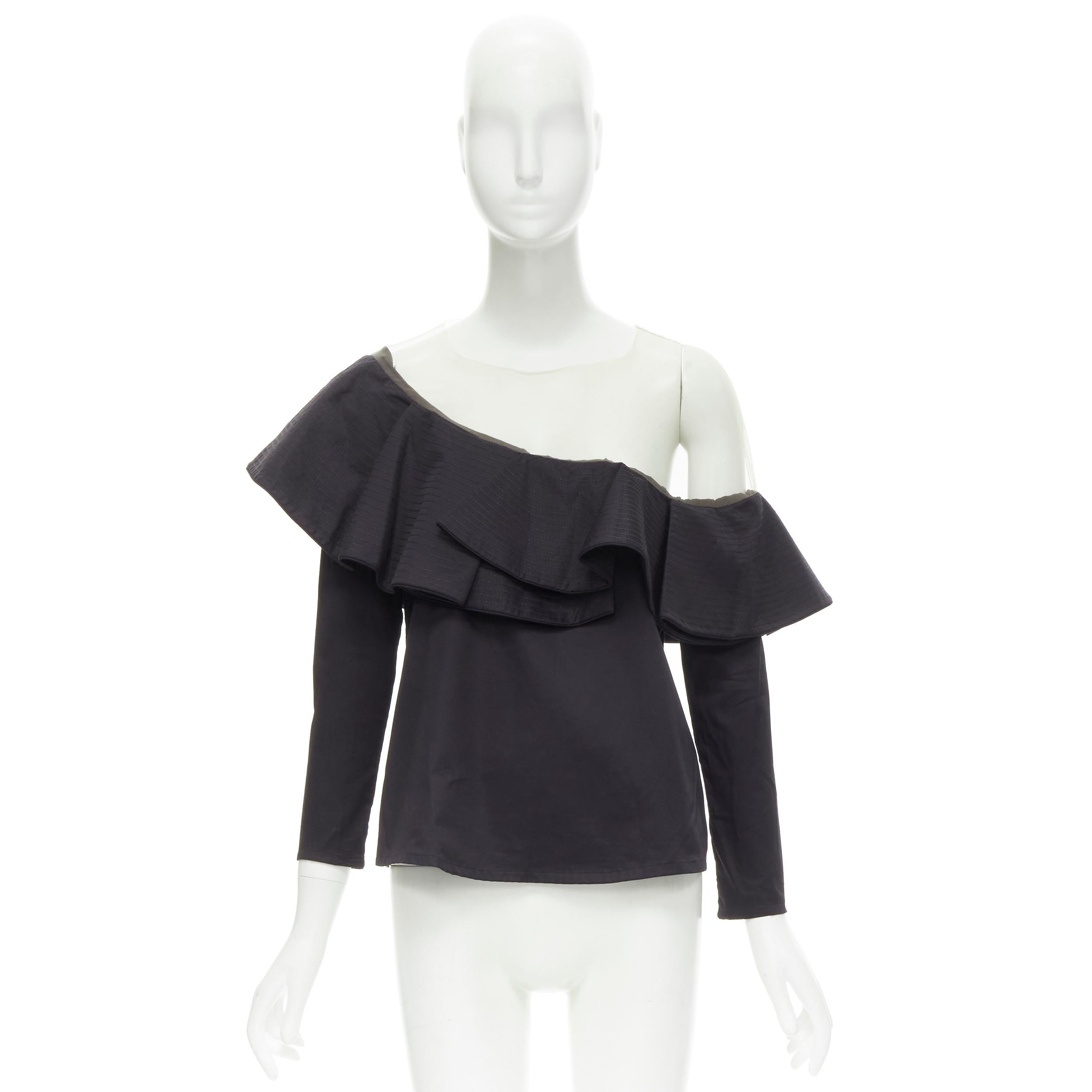 JOHANNA ORTIZ Lazarote black cotton mesh yoke ruffle off shoulder top US2 XS For Sale 2